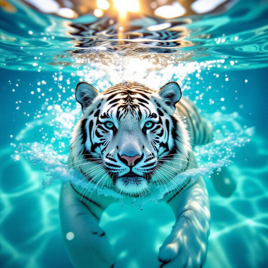 White Tiger Swimming Underwater – Digital Art Print
