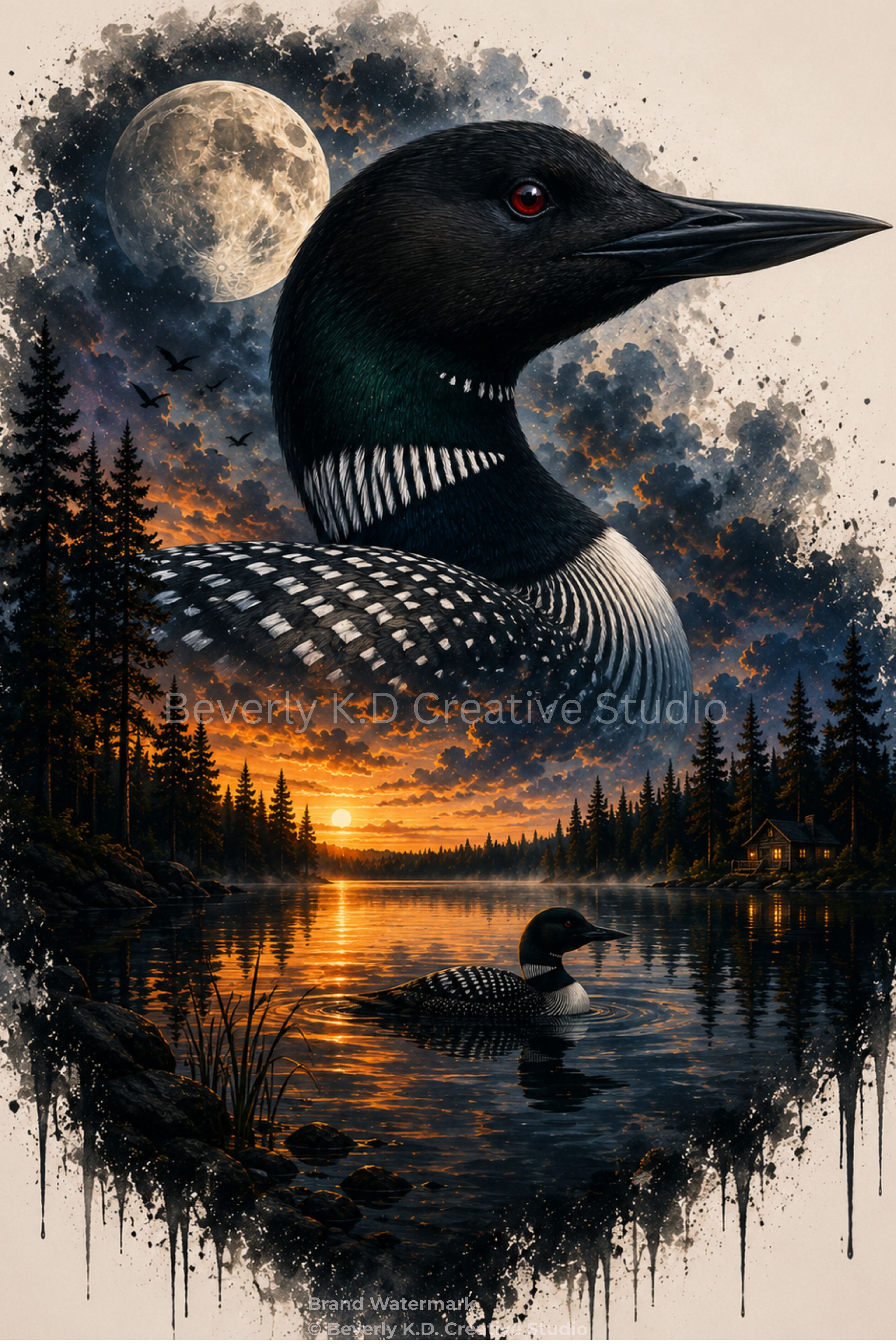 Loon at Moonrise – Canadian Wilderness Digital Art Print