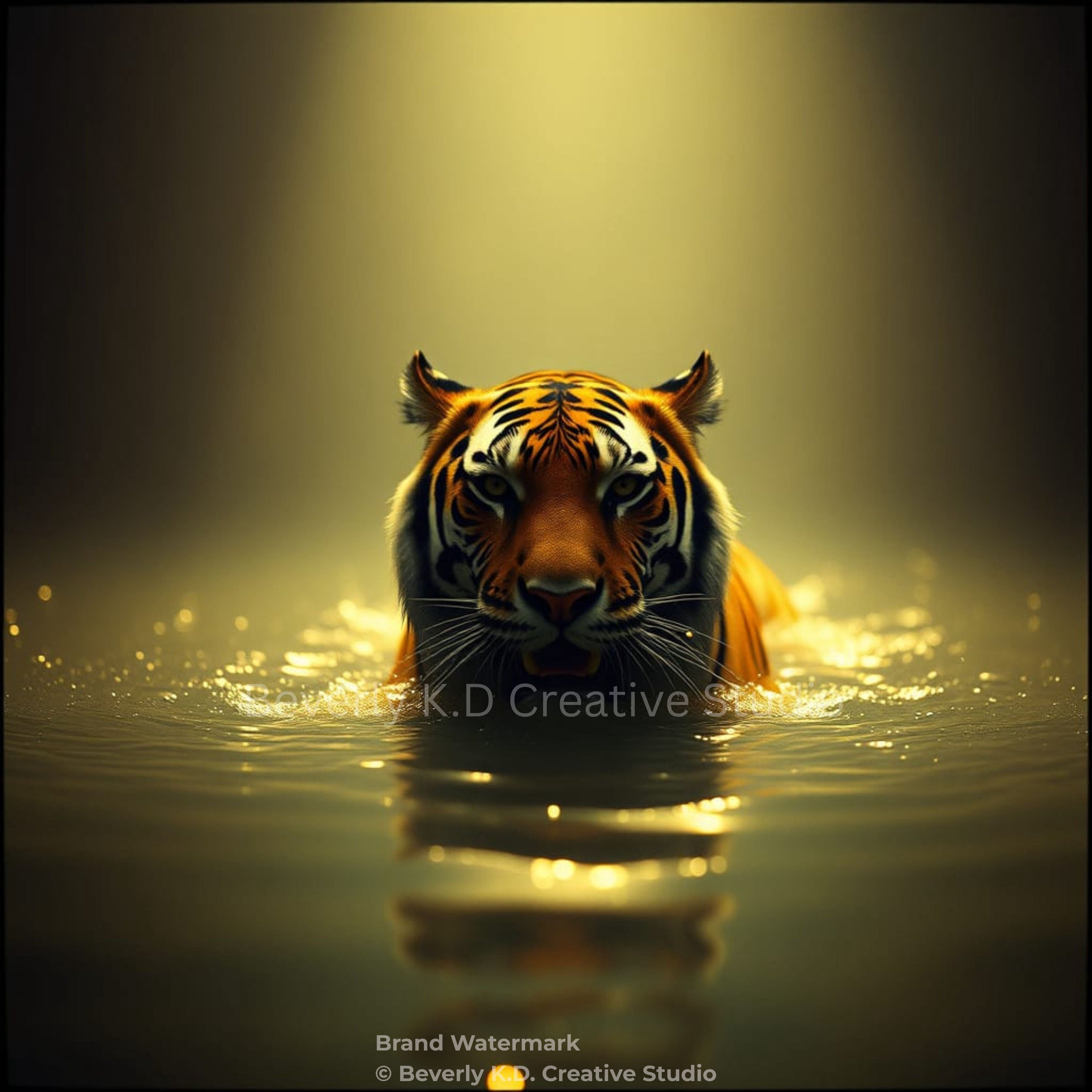 Golden Guardian Tiger in Water – Instant Download Wall Art Print
