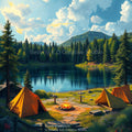 Lakeside Camping – Campfire & Mountain Nature Wall Art Instant Download