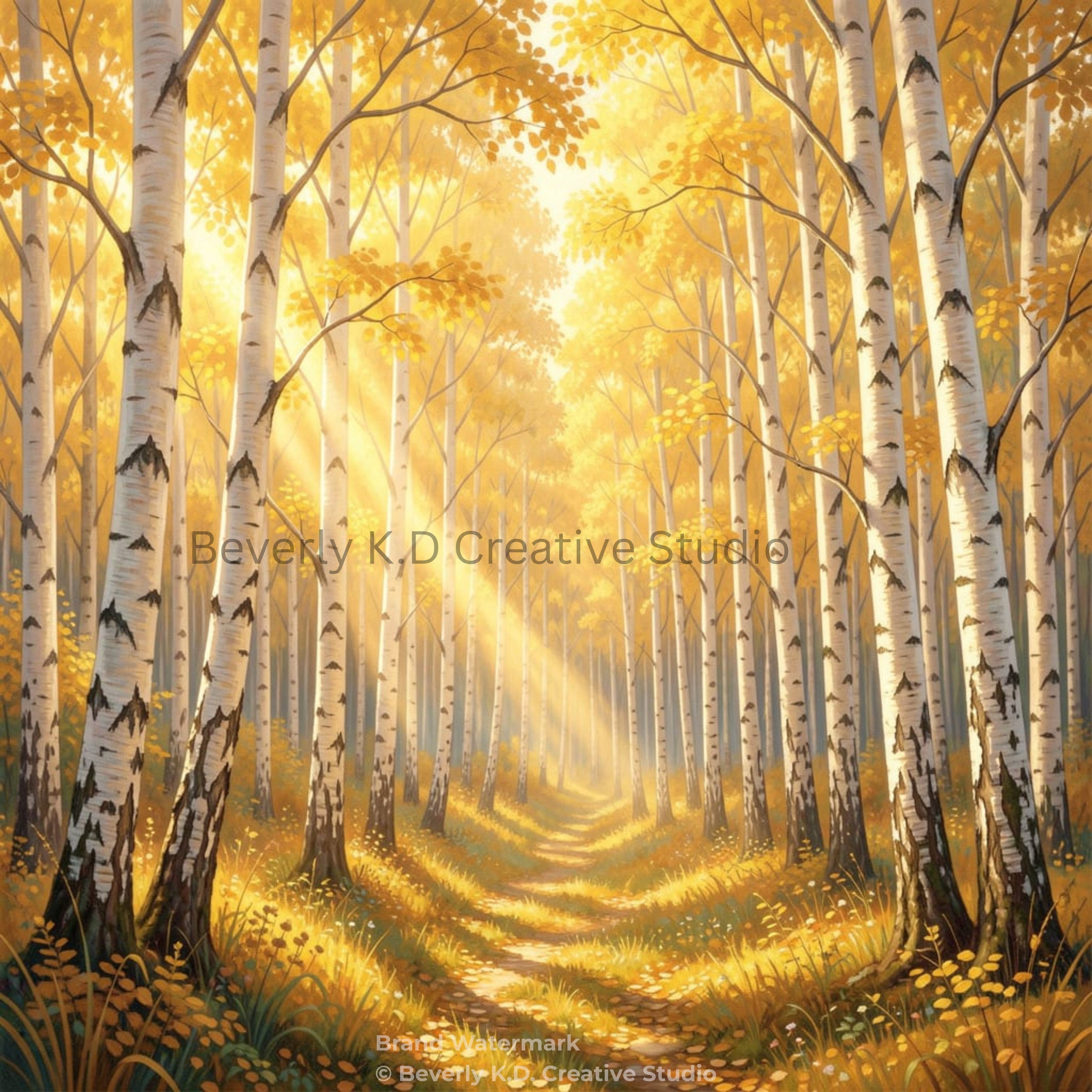 Sunlit Birch Grove – Nature Landscape Digital Art Print