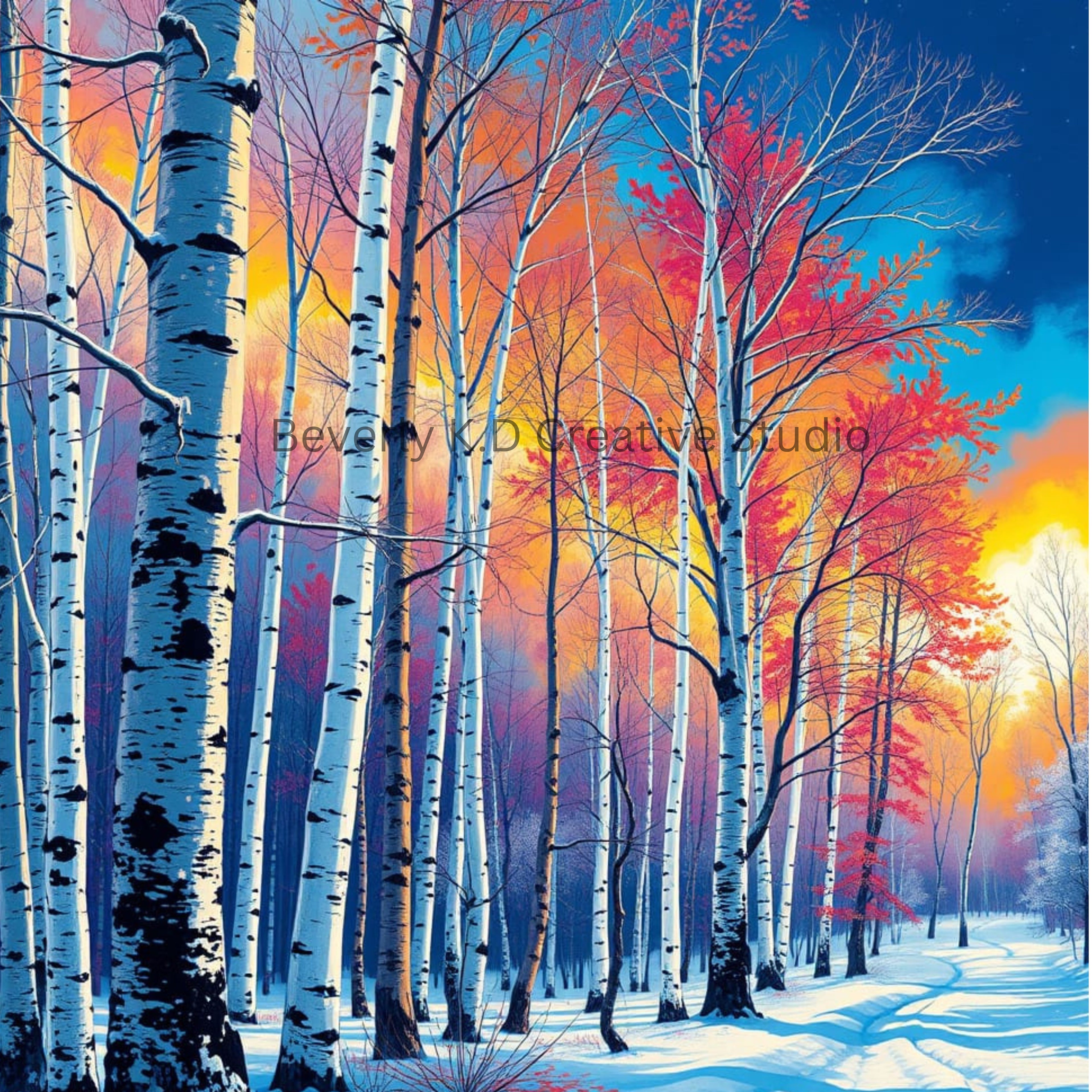 Winter Birch at Sunset — Digital Art Print