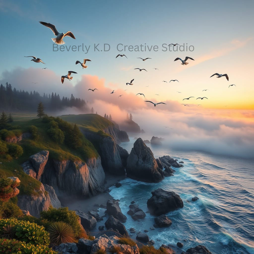 Coastal Sunset with Seabirds — Digital Art Print