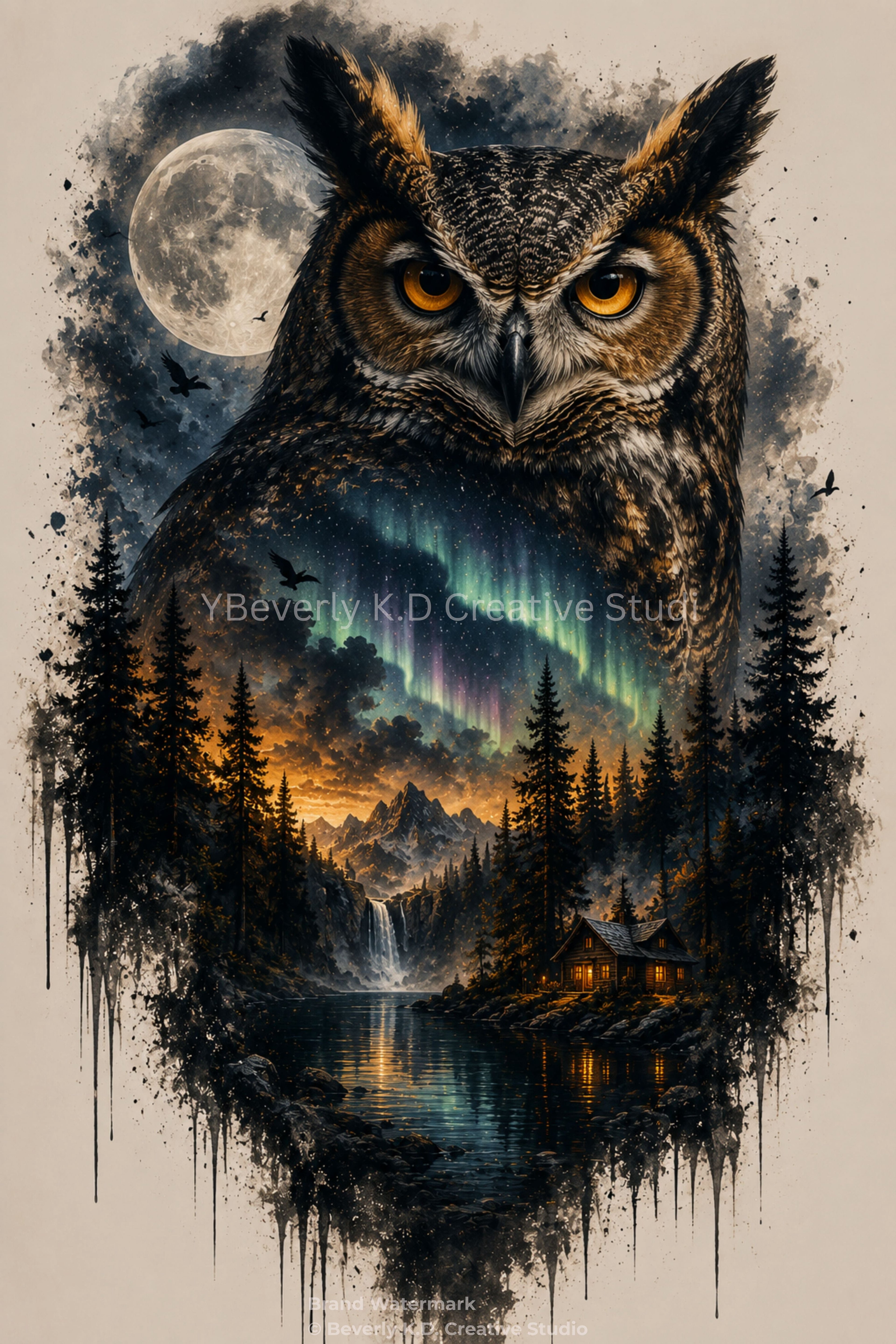 Great Horned Owl & Northern Lights – Mystical Wildlife Digital Art Print