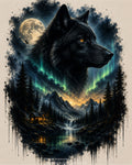 Black Wolf & Northern Lights – Mystical Wildlife Digital Art Print