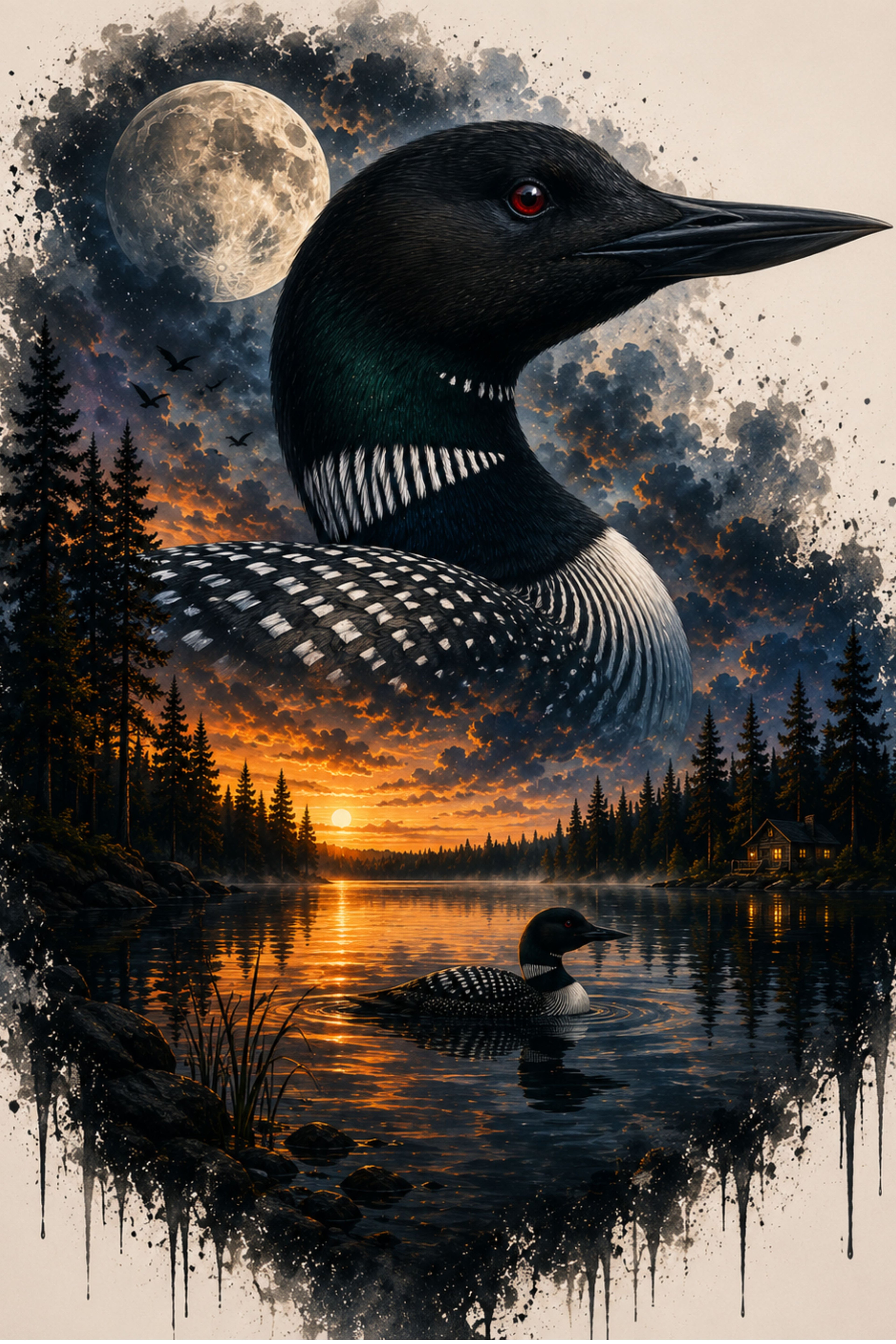 Loon at Moonrise – Canadian Wilderness Digital Art Print