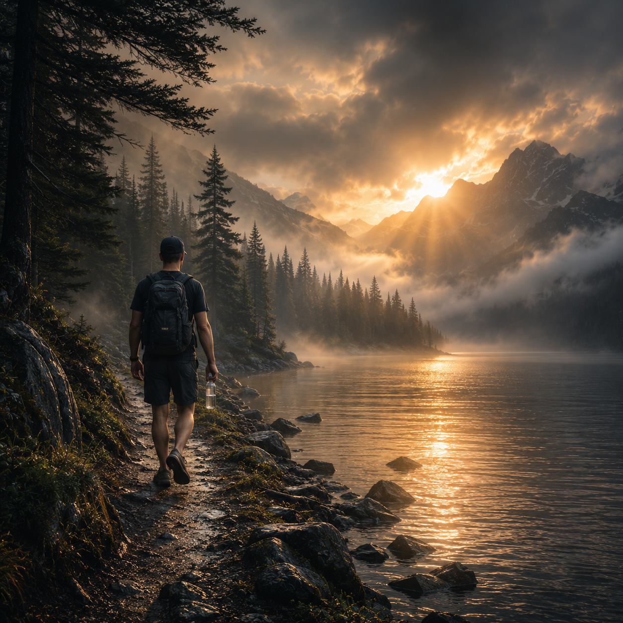 The Lone Hiker – Sunset Lake Trail Digital Art Print