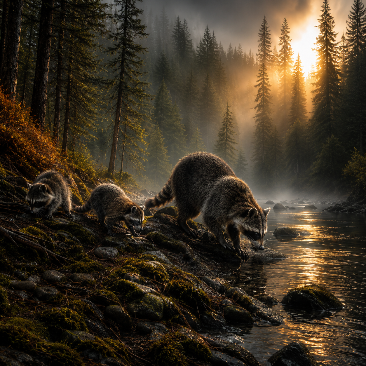 Raccoons by the Misty Forest Stream – Wildlife Wall Art Instant Download