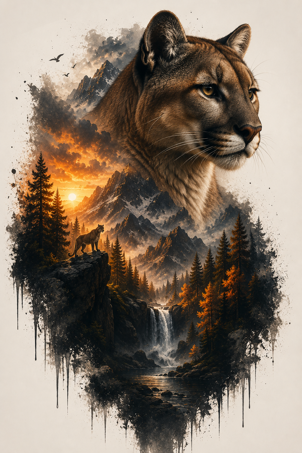 Mountain Lion Double Exposure Digital Art Print
