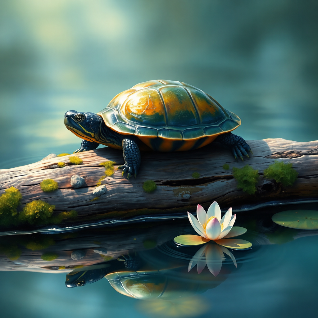 Painted Turtle and White Water Lily – Digital Art Print