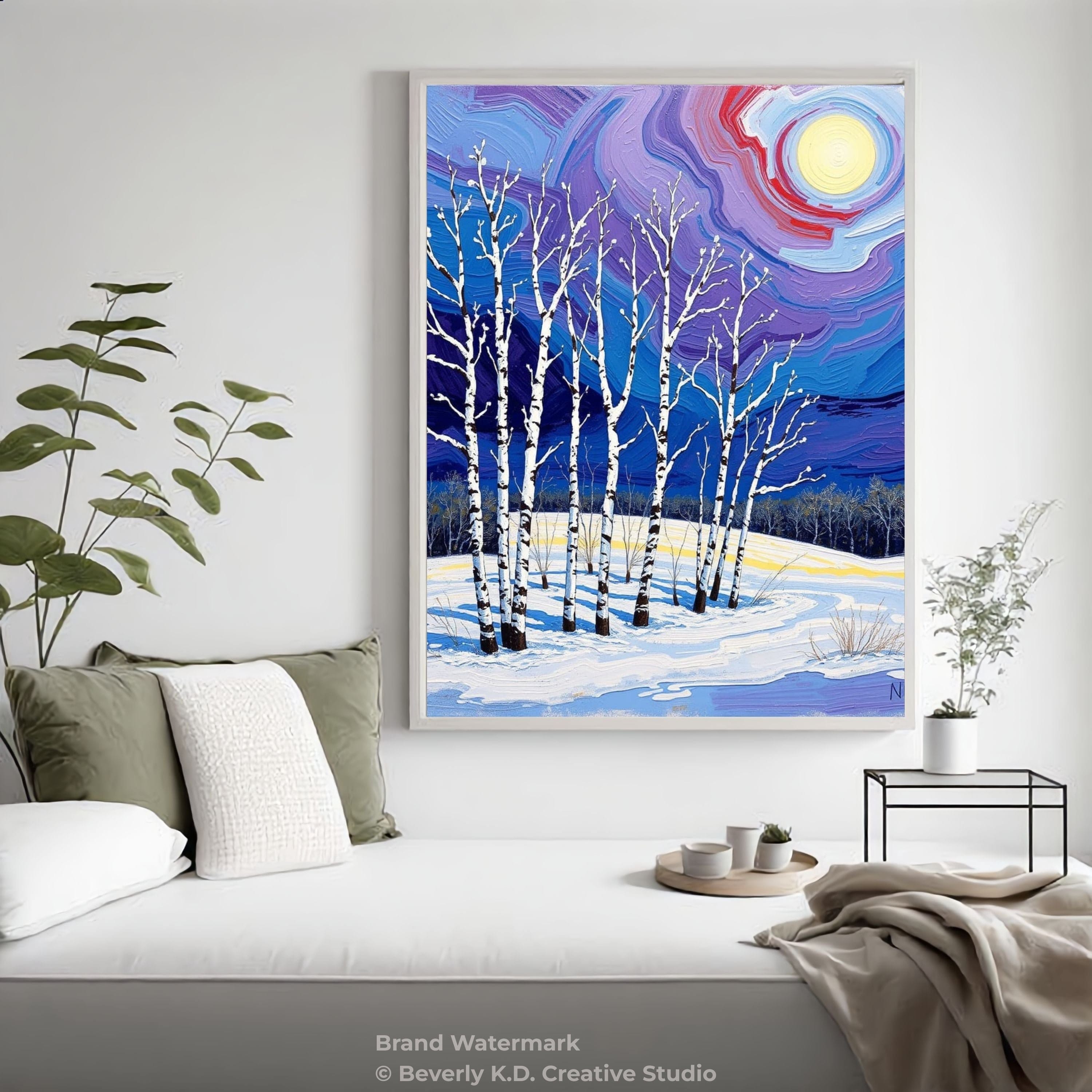 Moonlit Birch Trees in Winter – Colorful Snow Landscape Digital Art