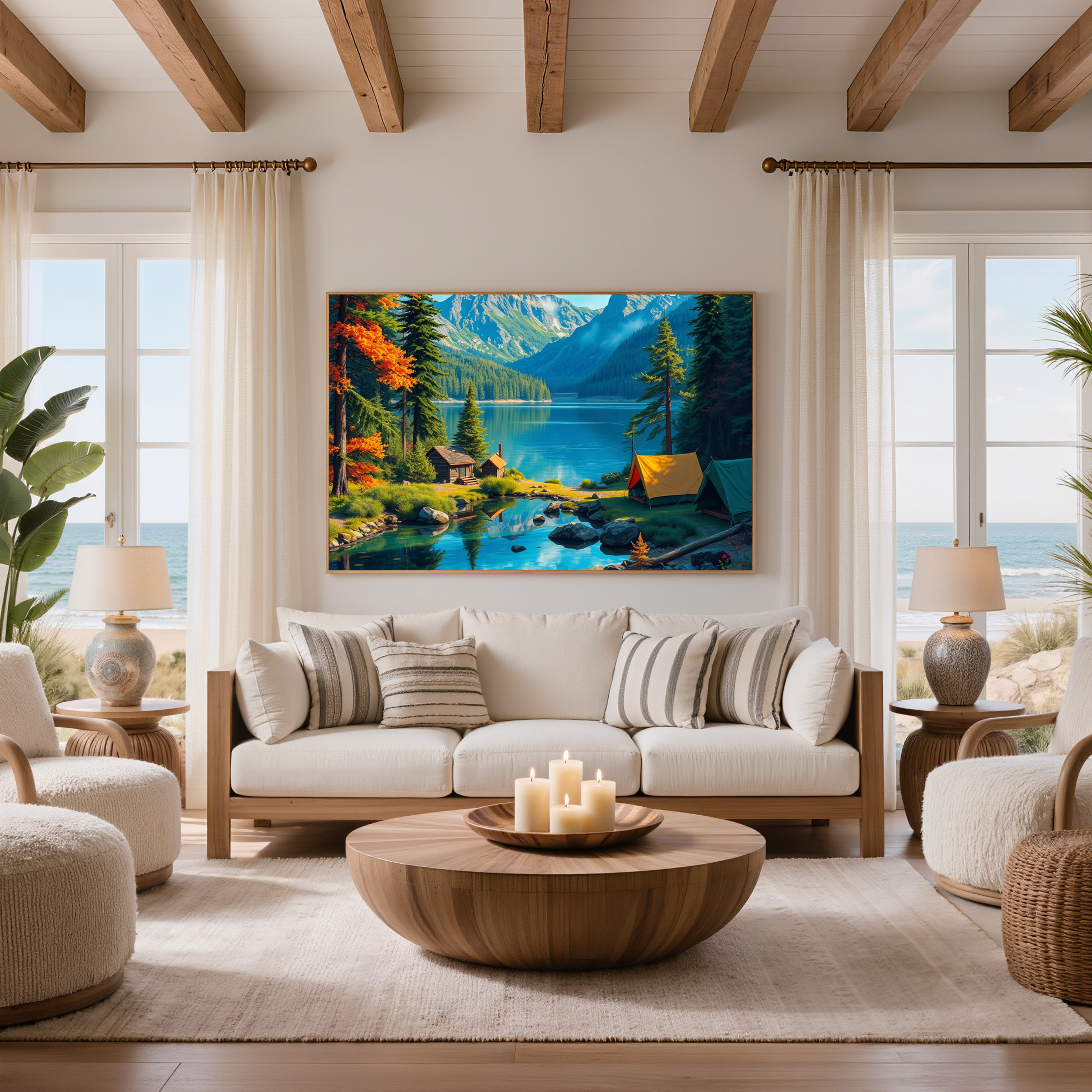 Lakeside Mountain Escape – Lakeside Cabin & Campsite Wall Art Instant Download