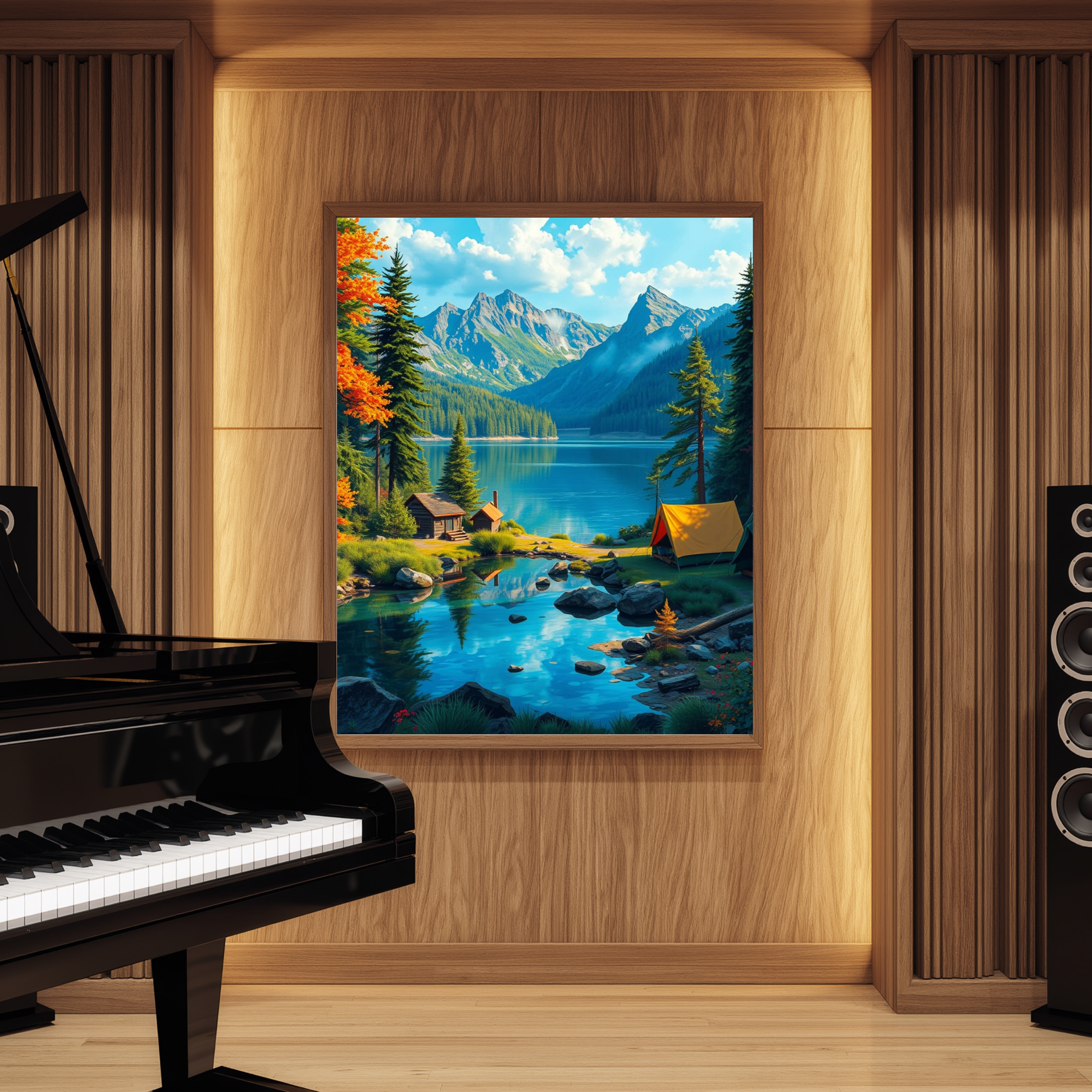 Lakeside Mountain Escape – Lakeside Cabin & Campsite Wall Art Instant Download