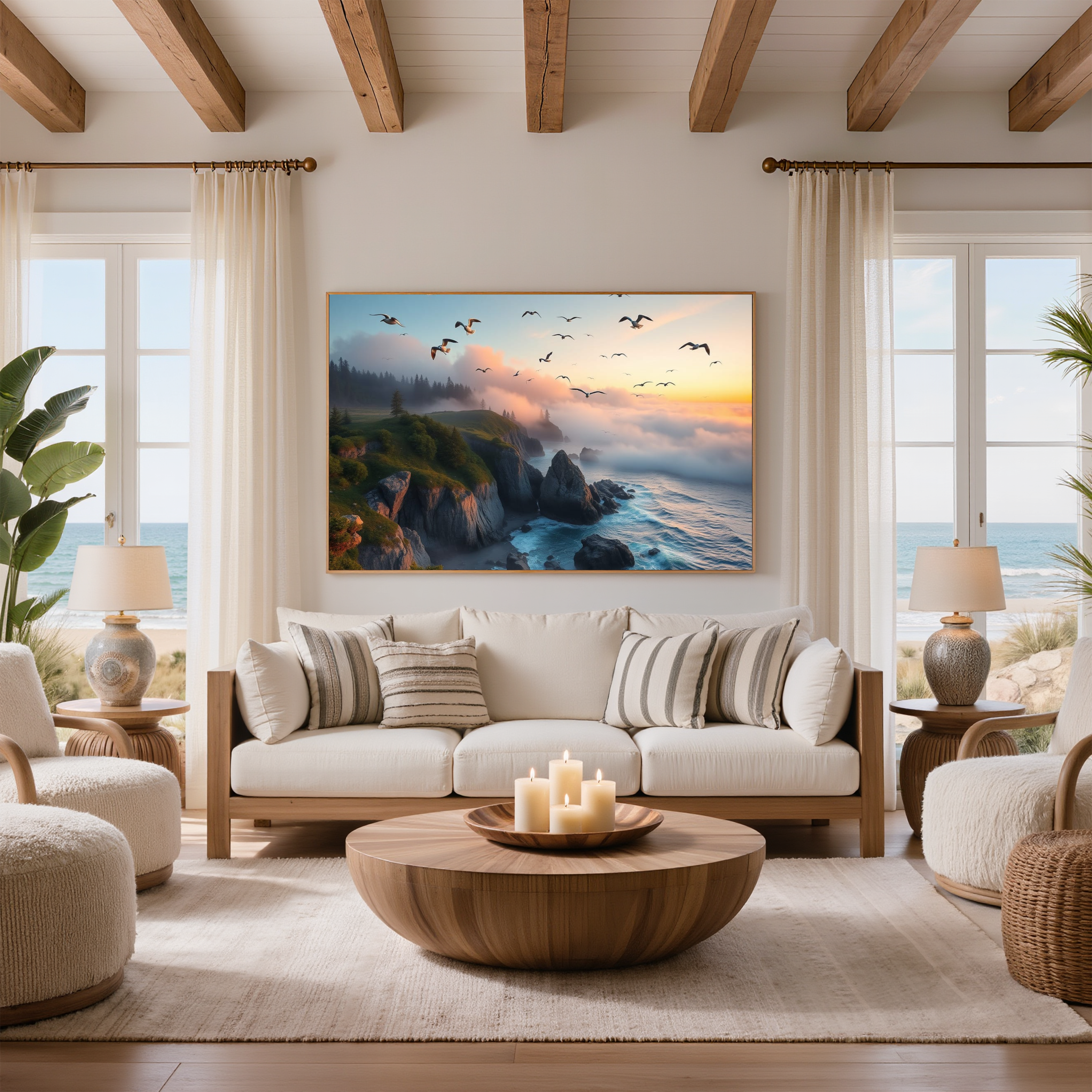 Coastal Sunset with Seabirds — Digital Art Print