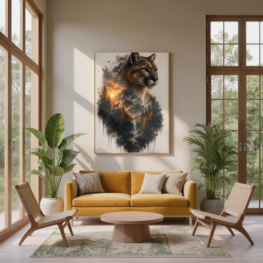 Mountain Lion Double Exposure Digital Art Print