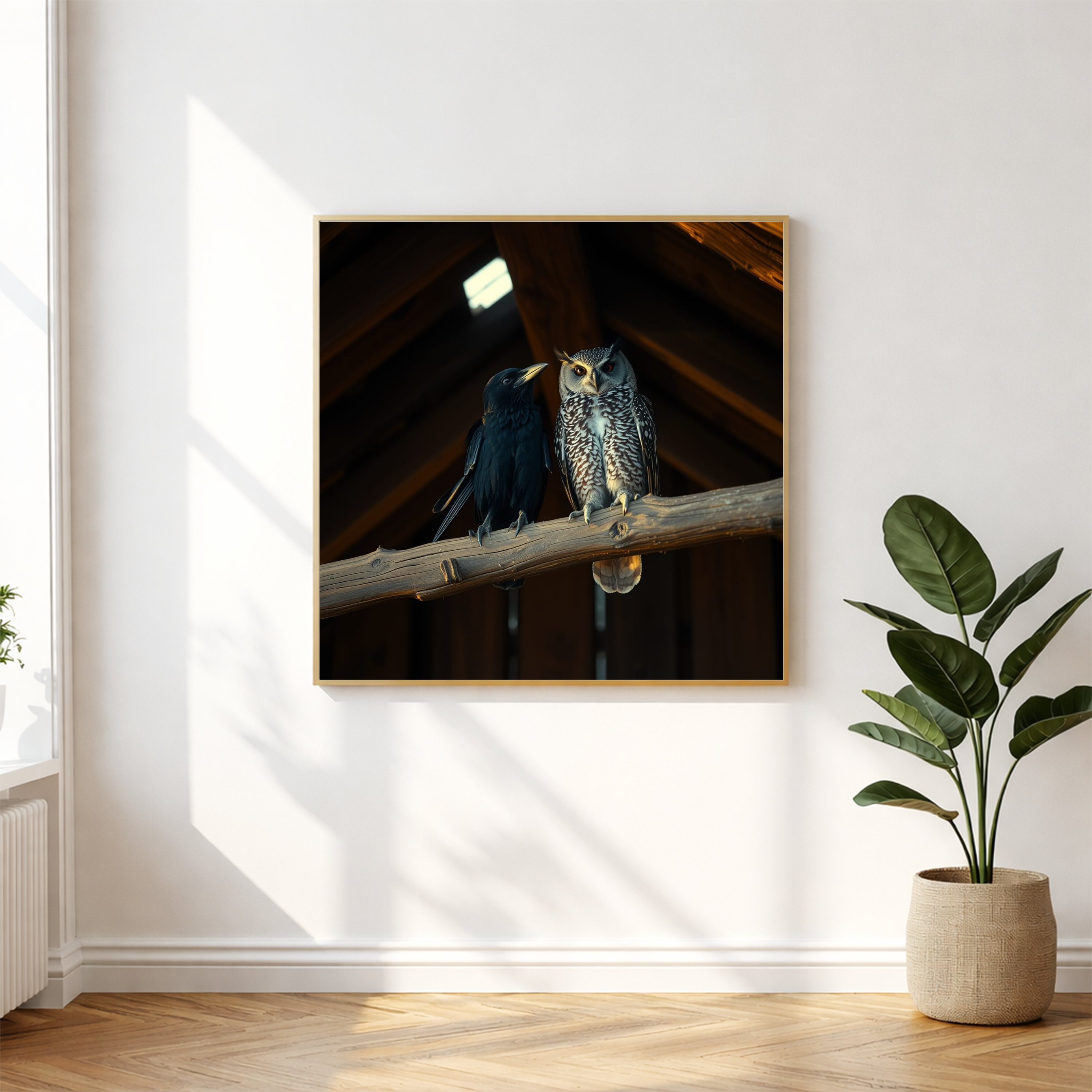 Unusual room mates Raven & Owl in the Barn — Digital Art Print