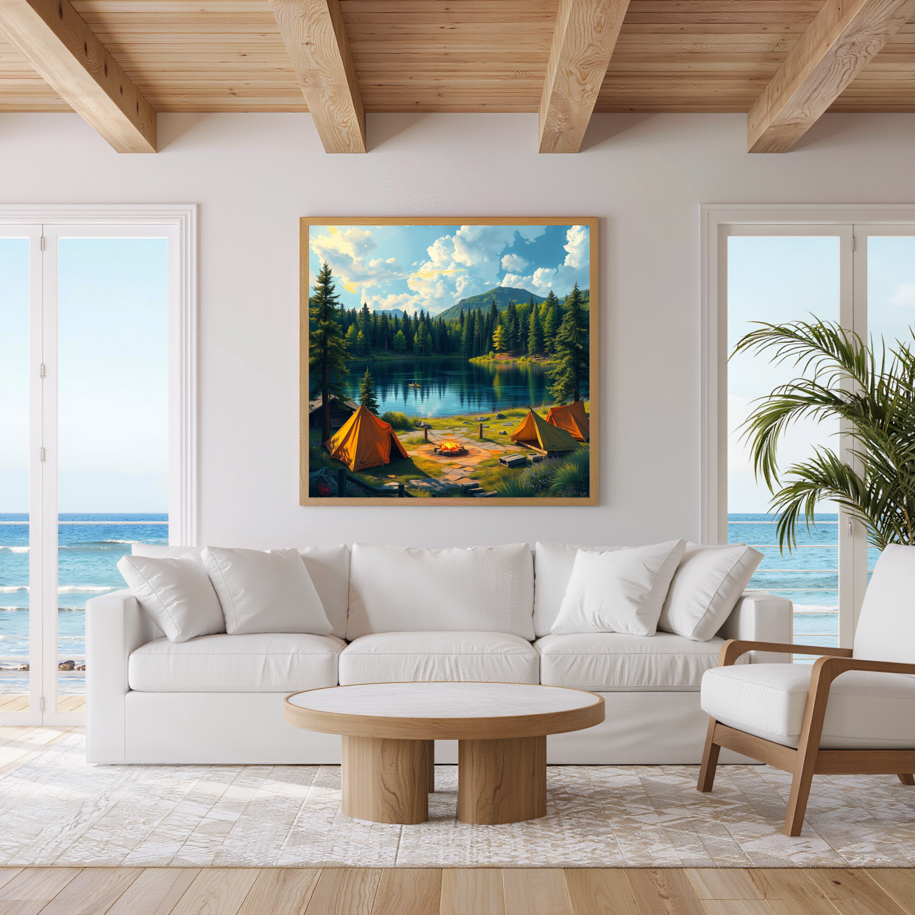 Lakeside Camping – Campfire & Mountain Nature Wall Art Instant Download