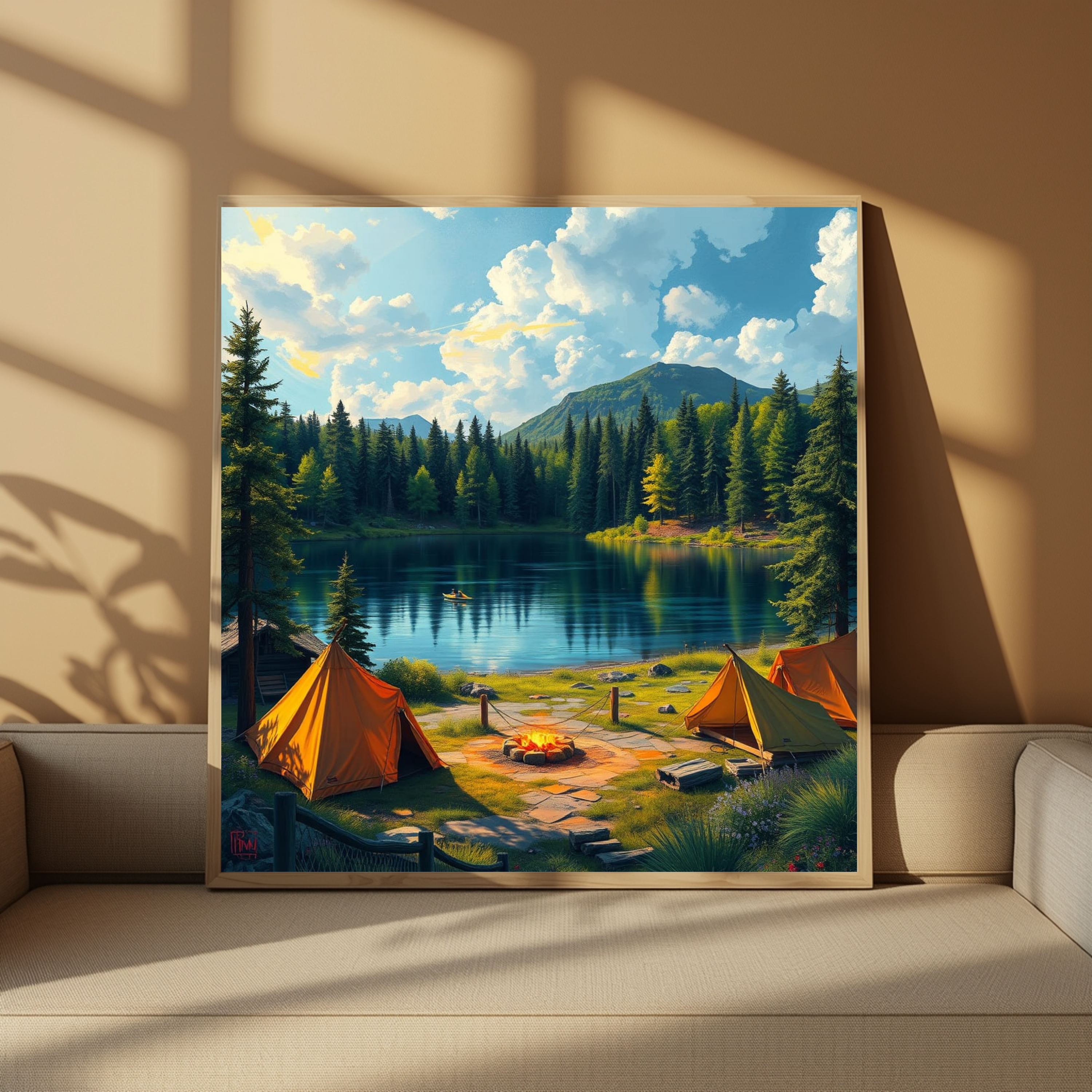 Lakeside Camping – Campfire & Mountain Nature Wall Art Instant Download
