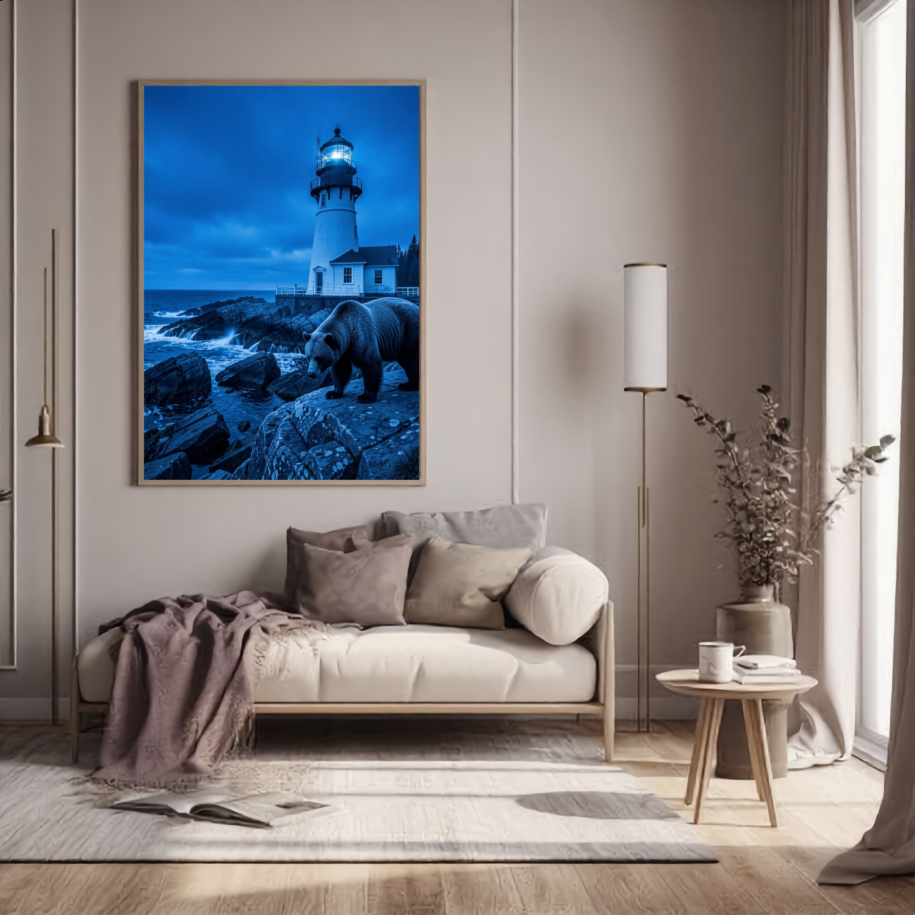 Bear & Lighthouse by Moonlight — Digital Art Print