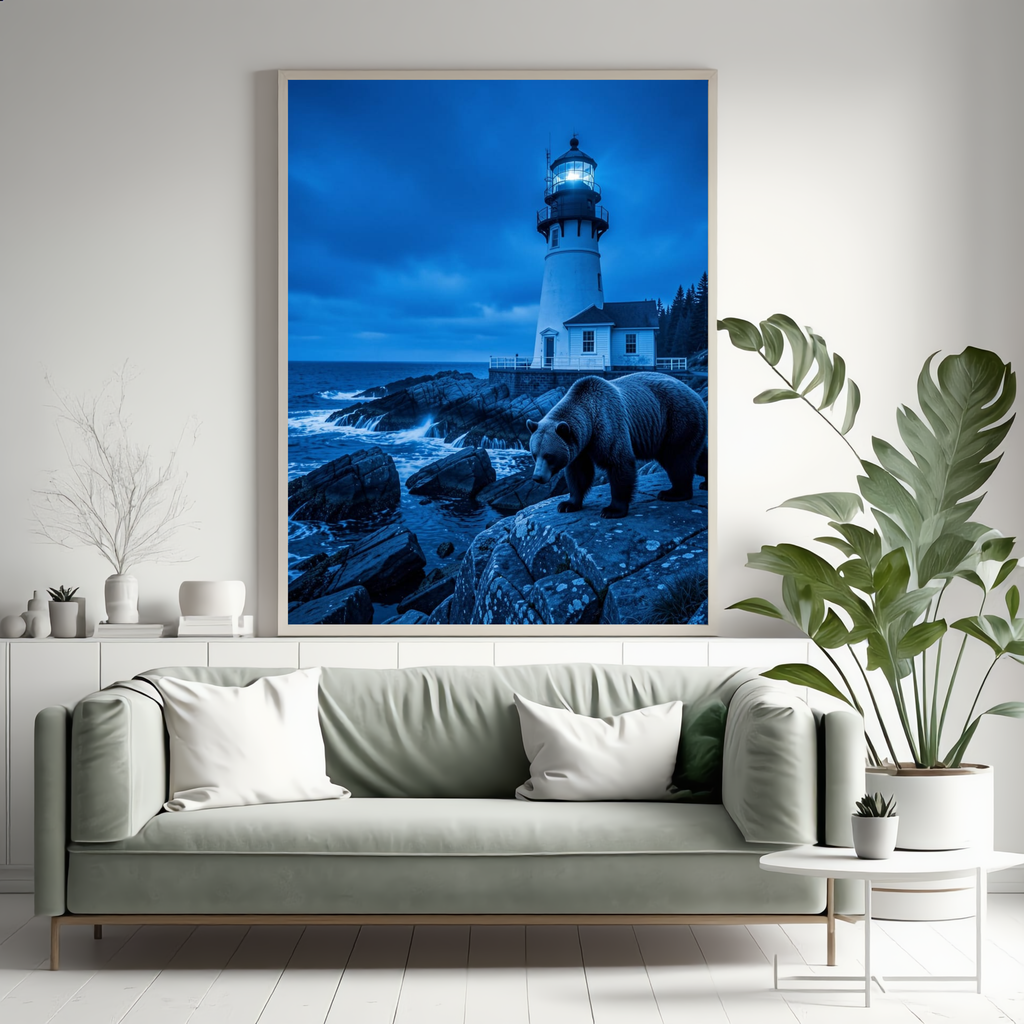 Bear & Lighthouse by Moonlight — Digital Art Print