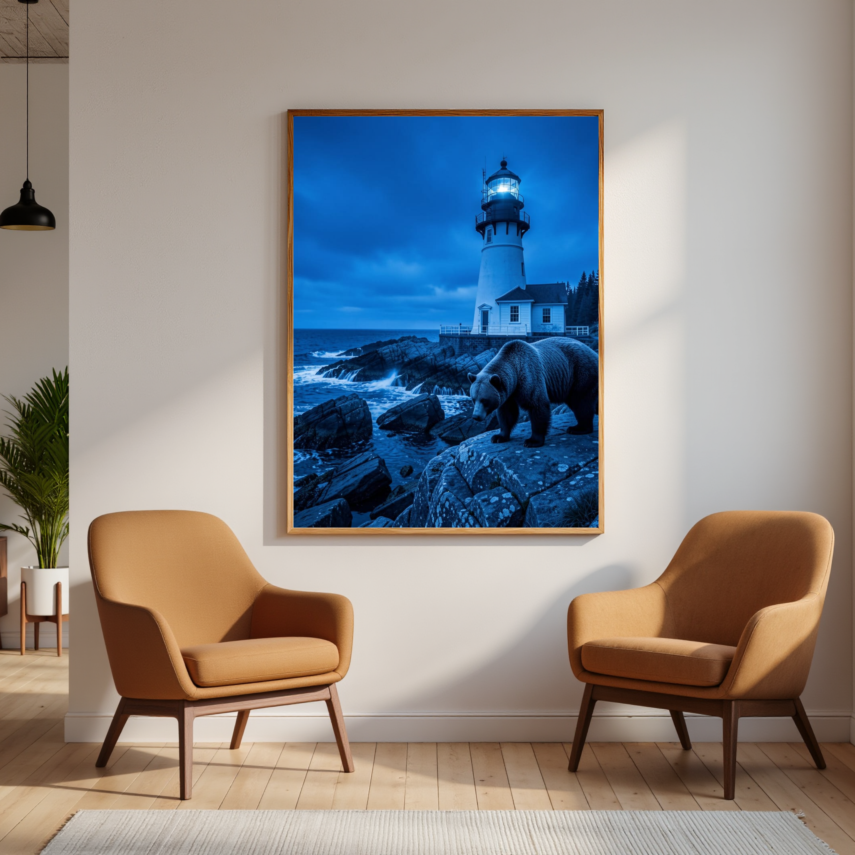 Bear & Lighthouse by Moonlight — Digital Art Print