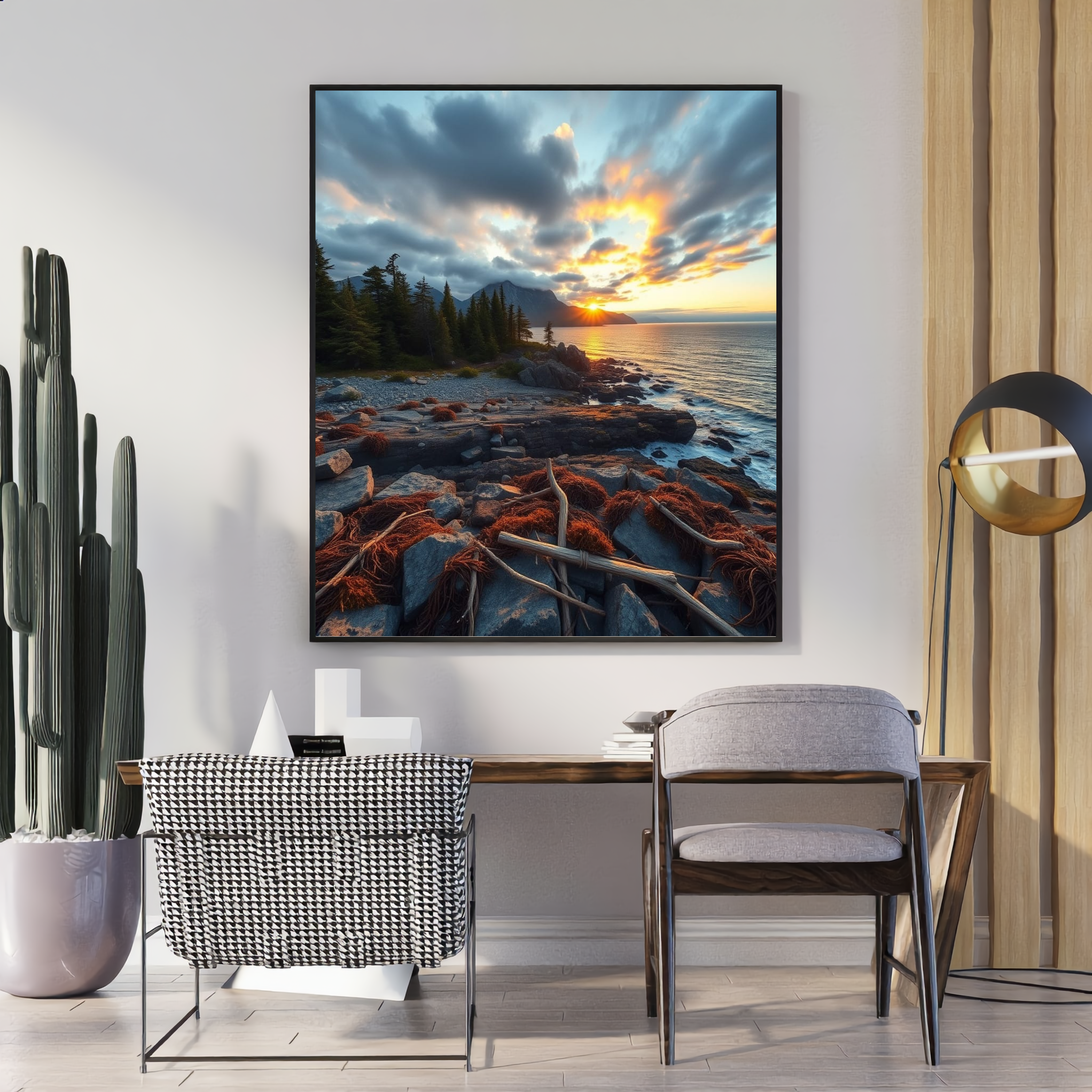 Rocky Lakeshore Sunset – Digital Art Print