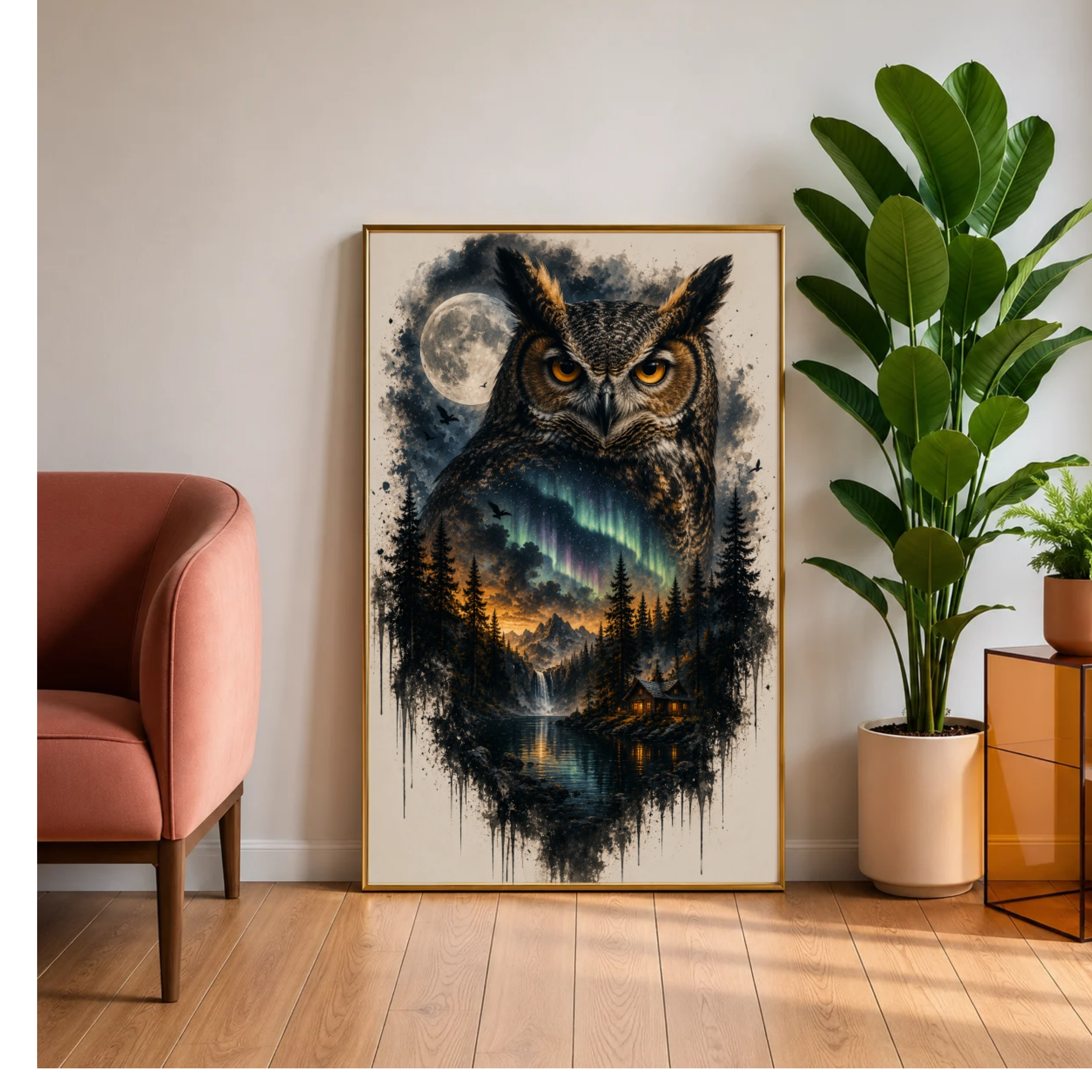 Great Horned Owl & Northern Lights – Mystical Wildlife Digital Art Print