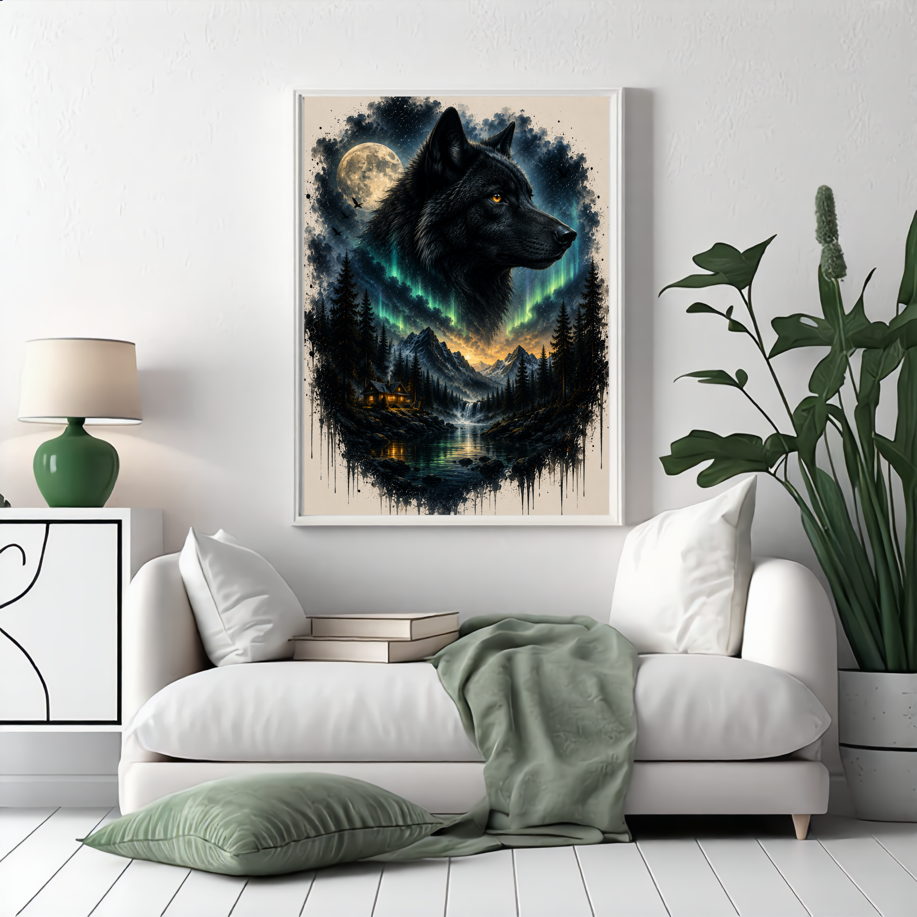 Black Wolf & Northern Lights – Mystical Wildlife Digital Art Print