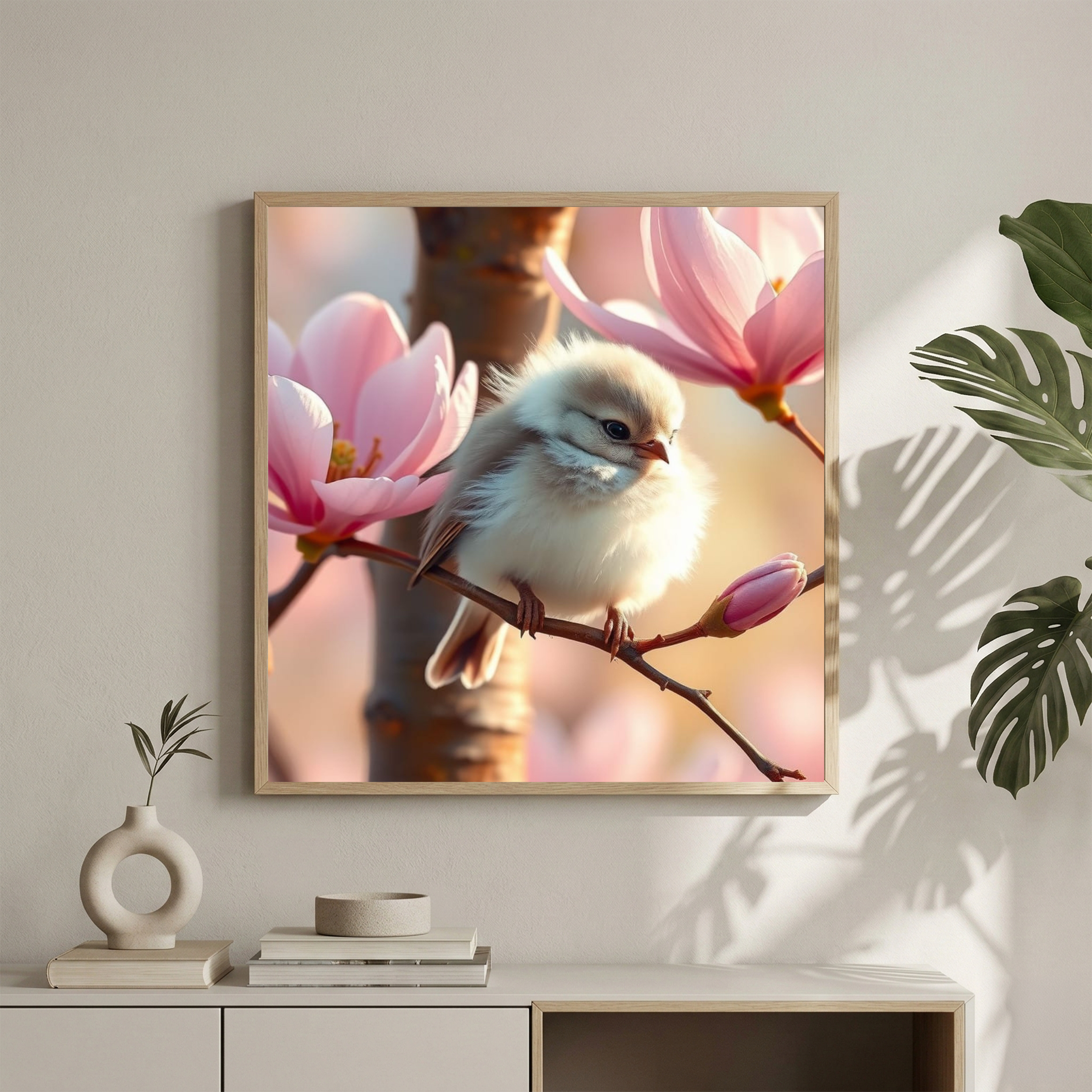 Golden Bird in Peach Magnolia Blossoms – Soft Spring Digital Art Print