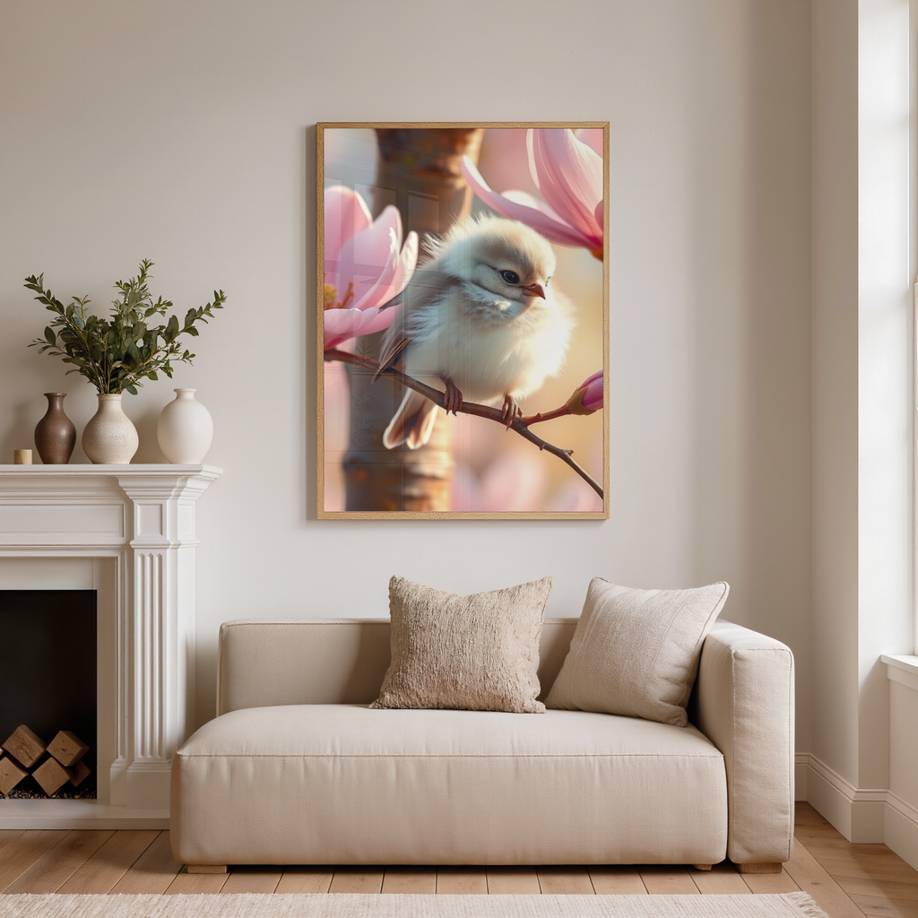Golden Bird in Peach Magnolia Blossoms – Soft Spring Digital Art Print