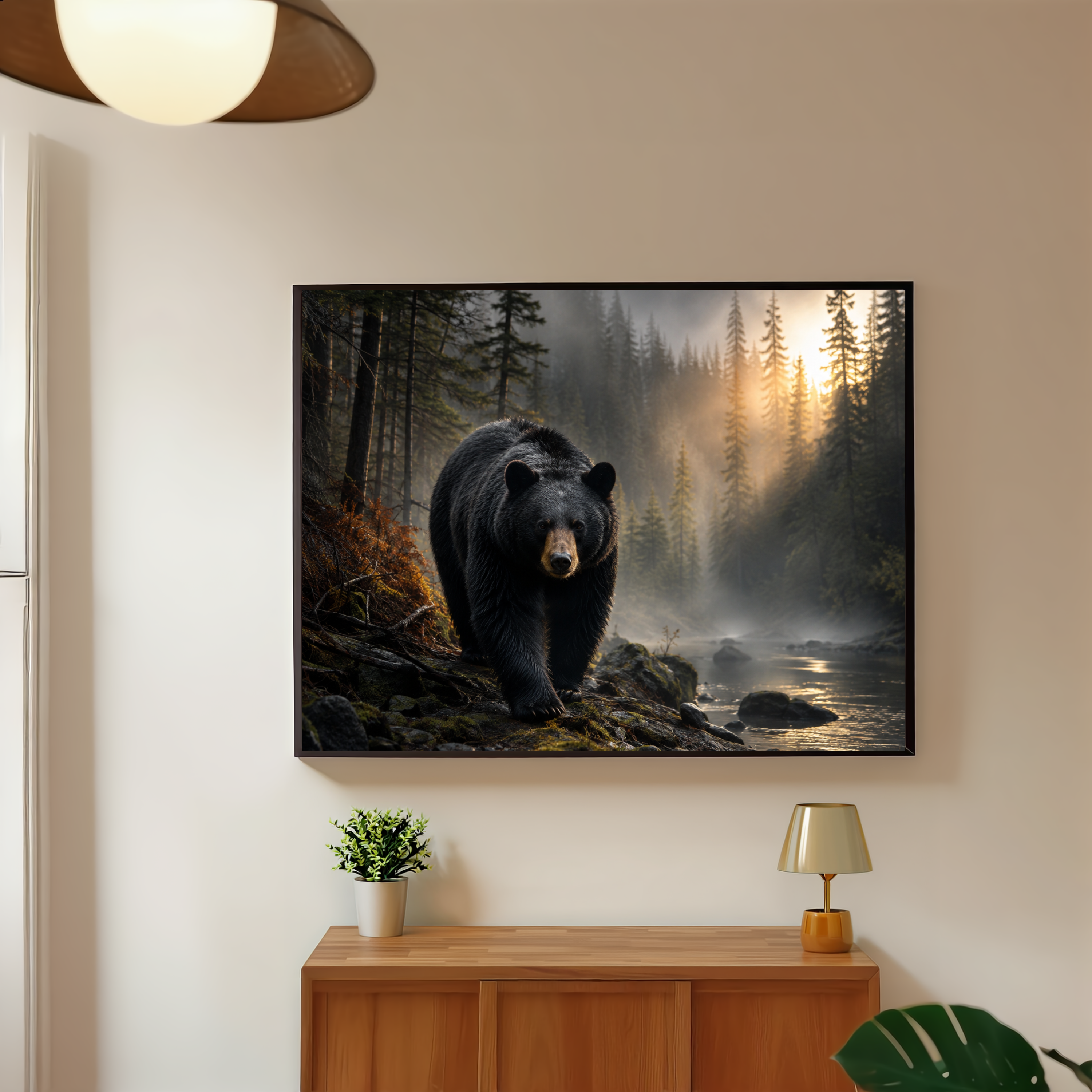 Shadow in the Mist – Black Bear Forest Wall Art Instant Download