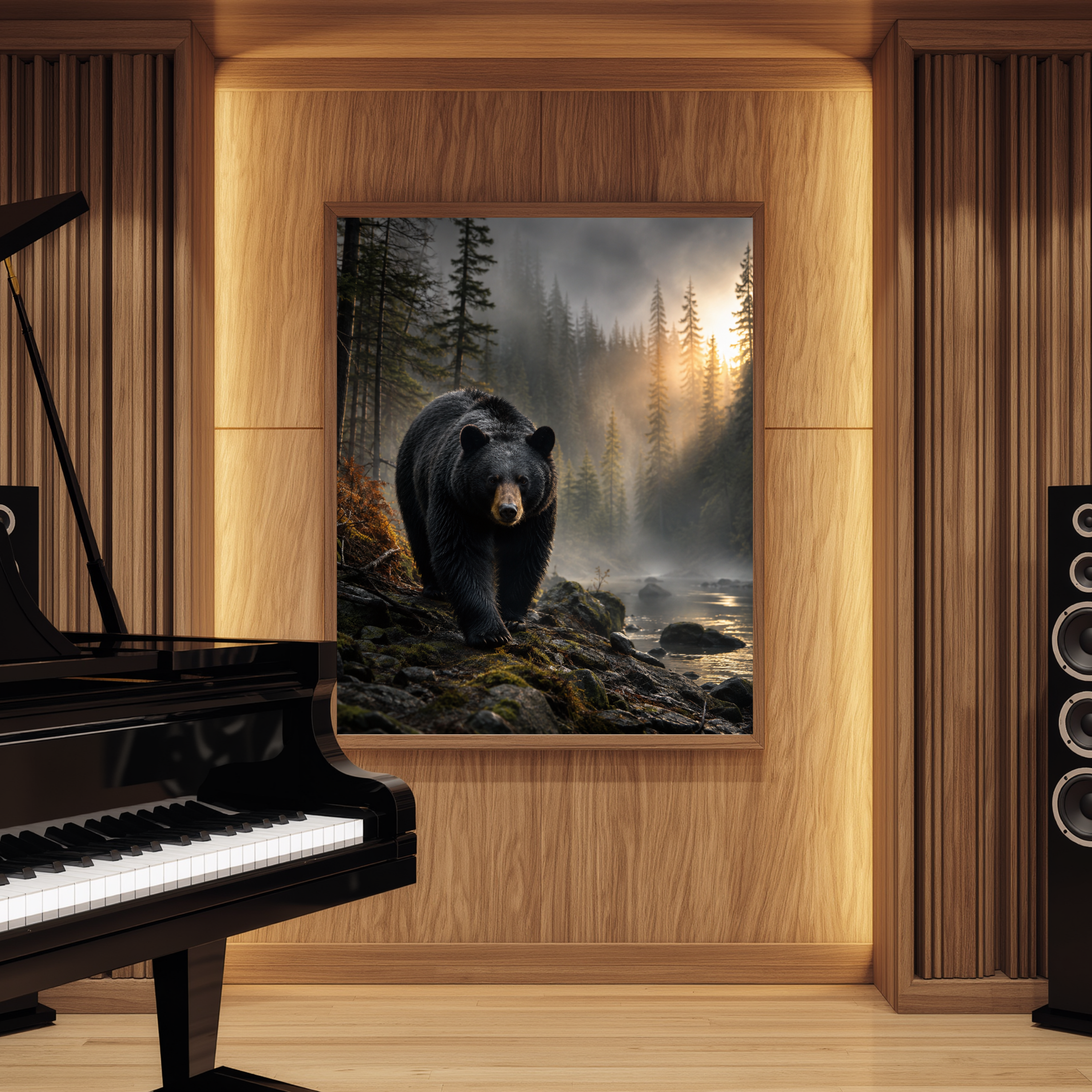 Shadow in the Mist – Black Bear Forest Wall Art Instant Download