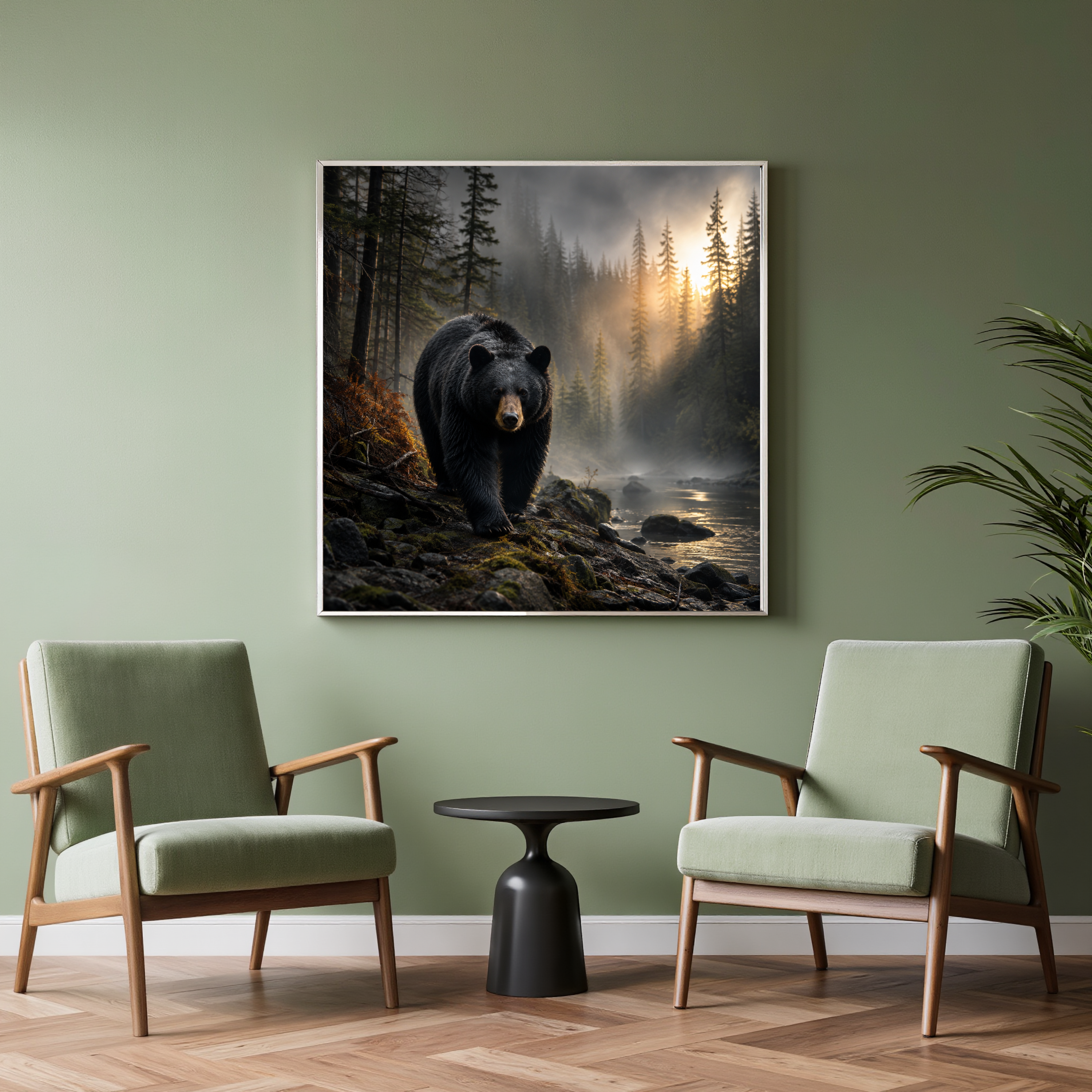 Shadow in the Mist – Black Bear Forest Wall Art Instant Download