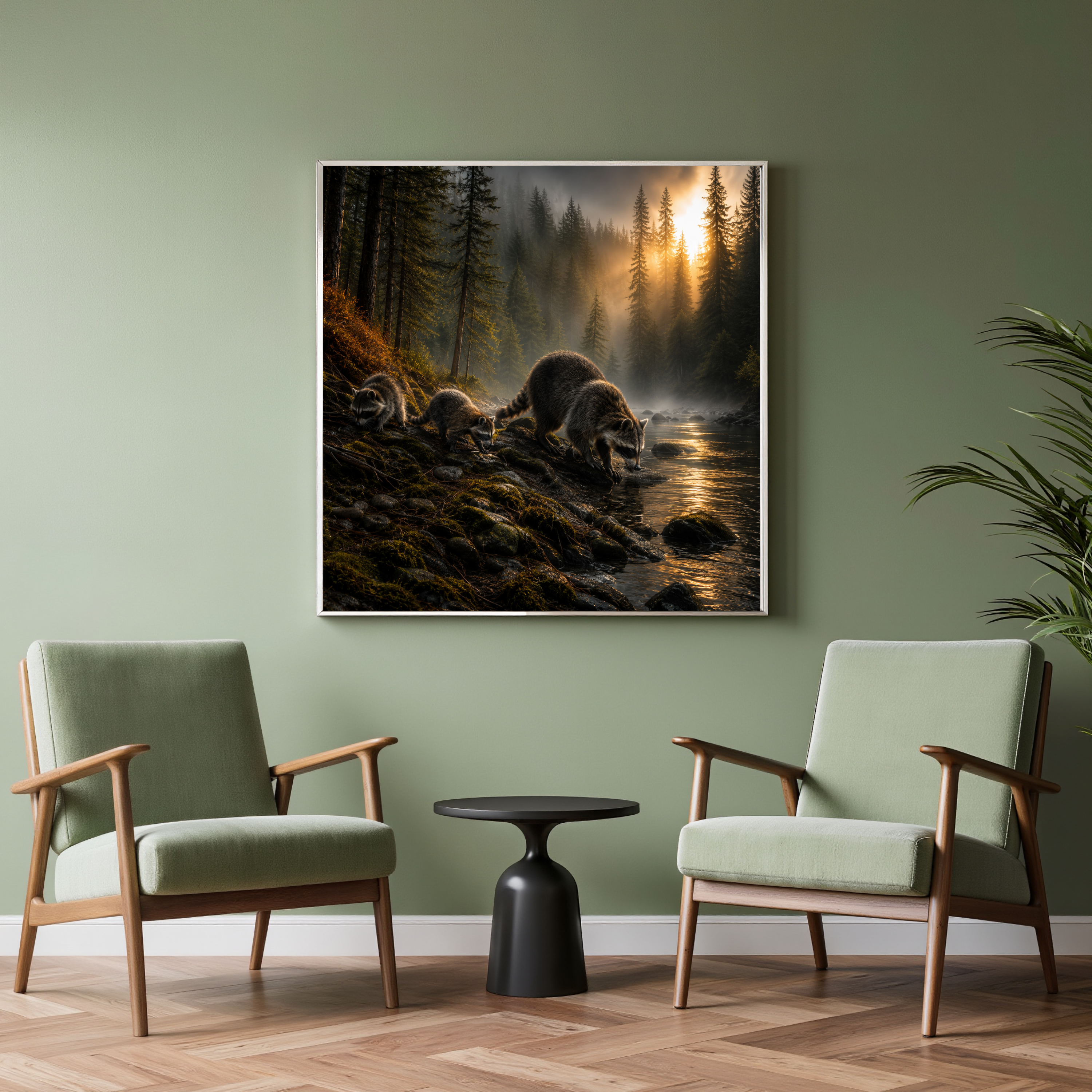 Raccoons by the Misty Forest Stream – Wildlife Wall Art Instant Download
