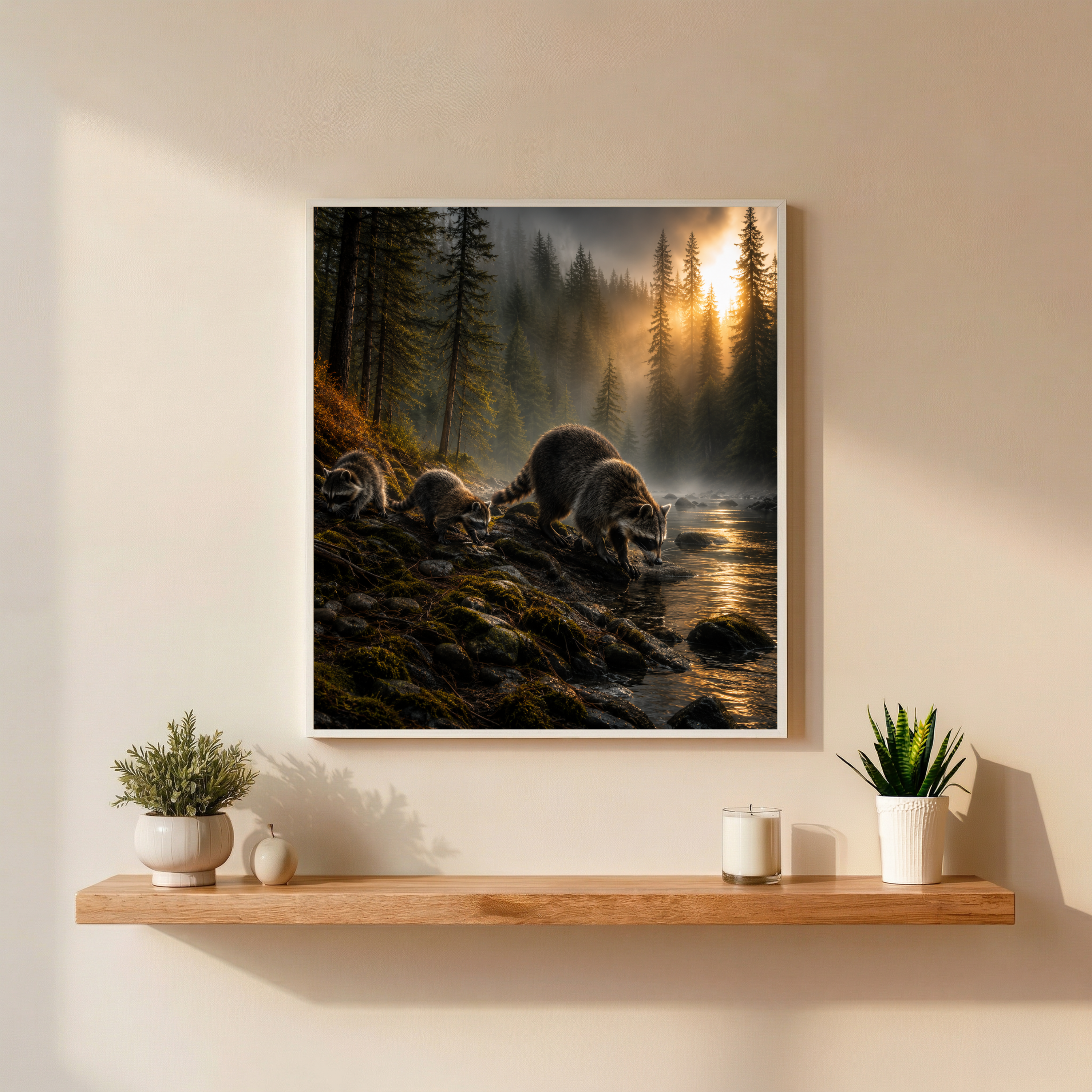 Raccoons by the Misty Forest Stream – Wildlife Wall Art Instant Download