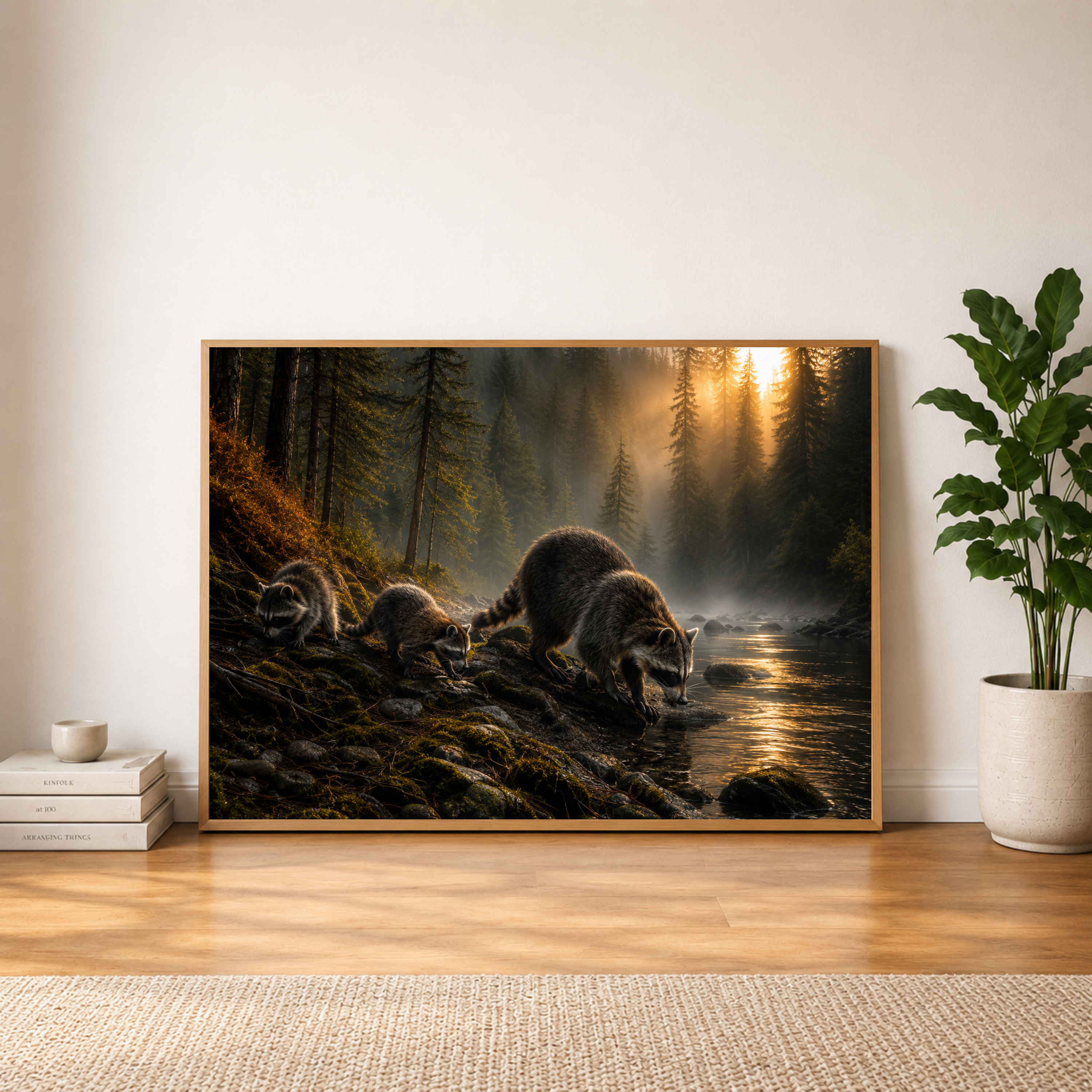 Raccoons by the Misty Forest Stream – Wildlife Wall Art Instant Download