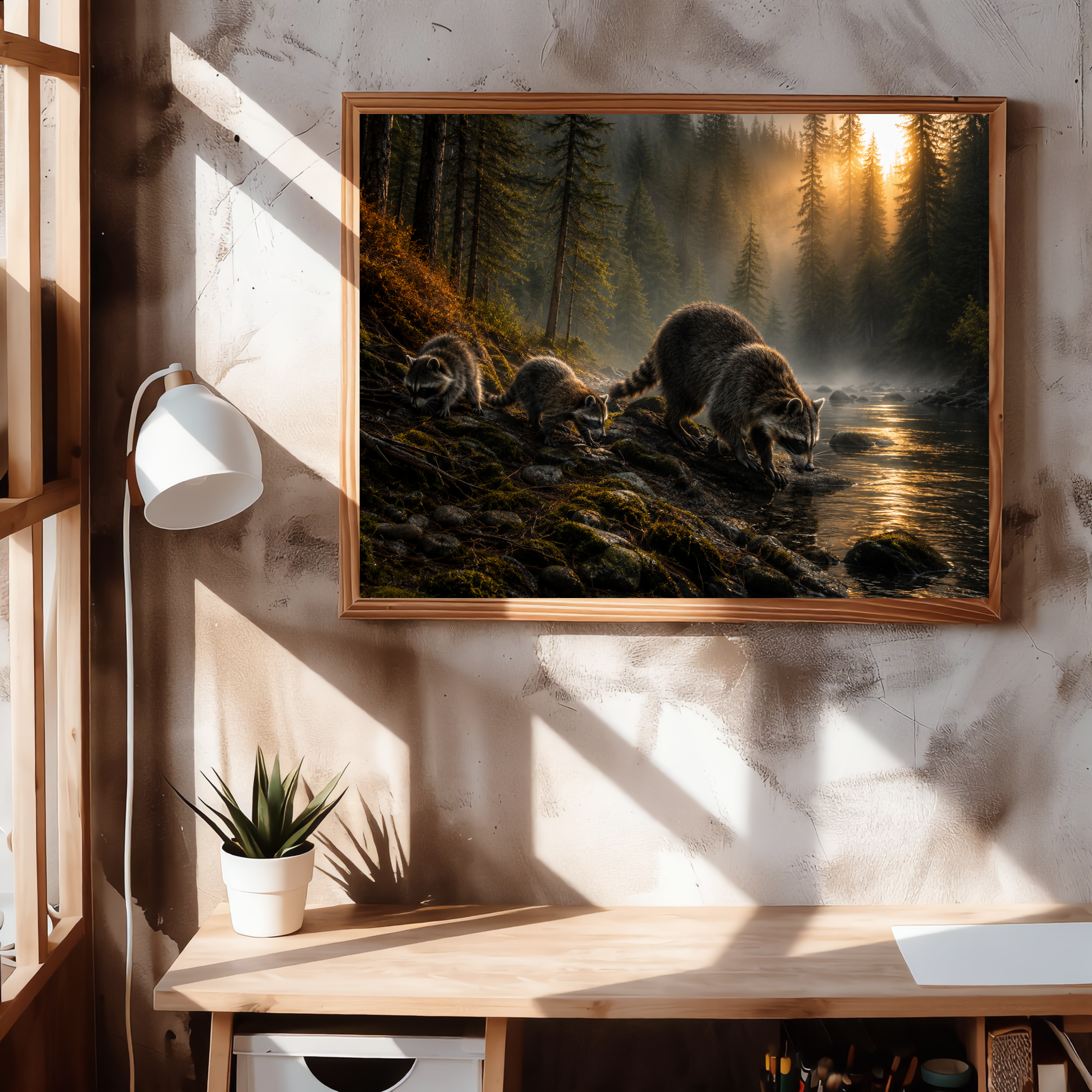 Raccoons by the Misty Forest Stream – Wildlife Wall Art Instant Download