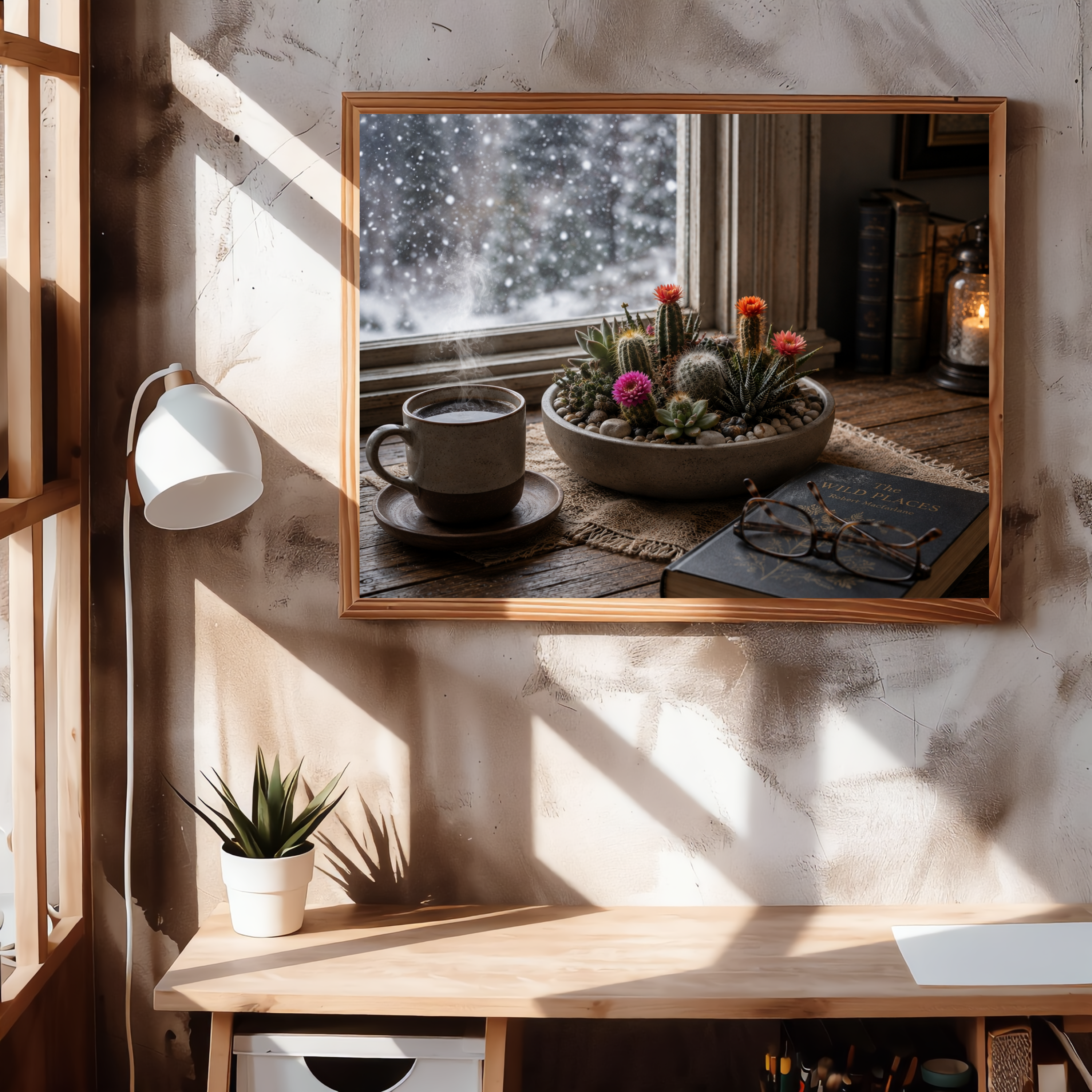 Cozy Winter Window – Cactus & Coffee Digital Art Print