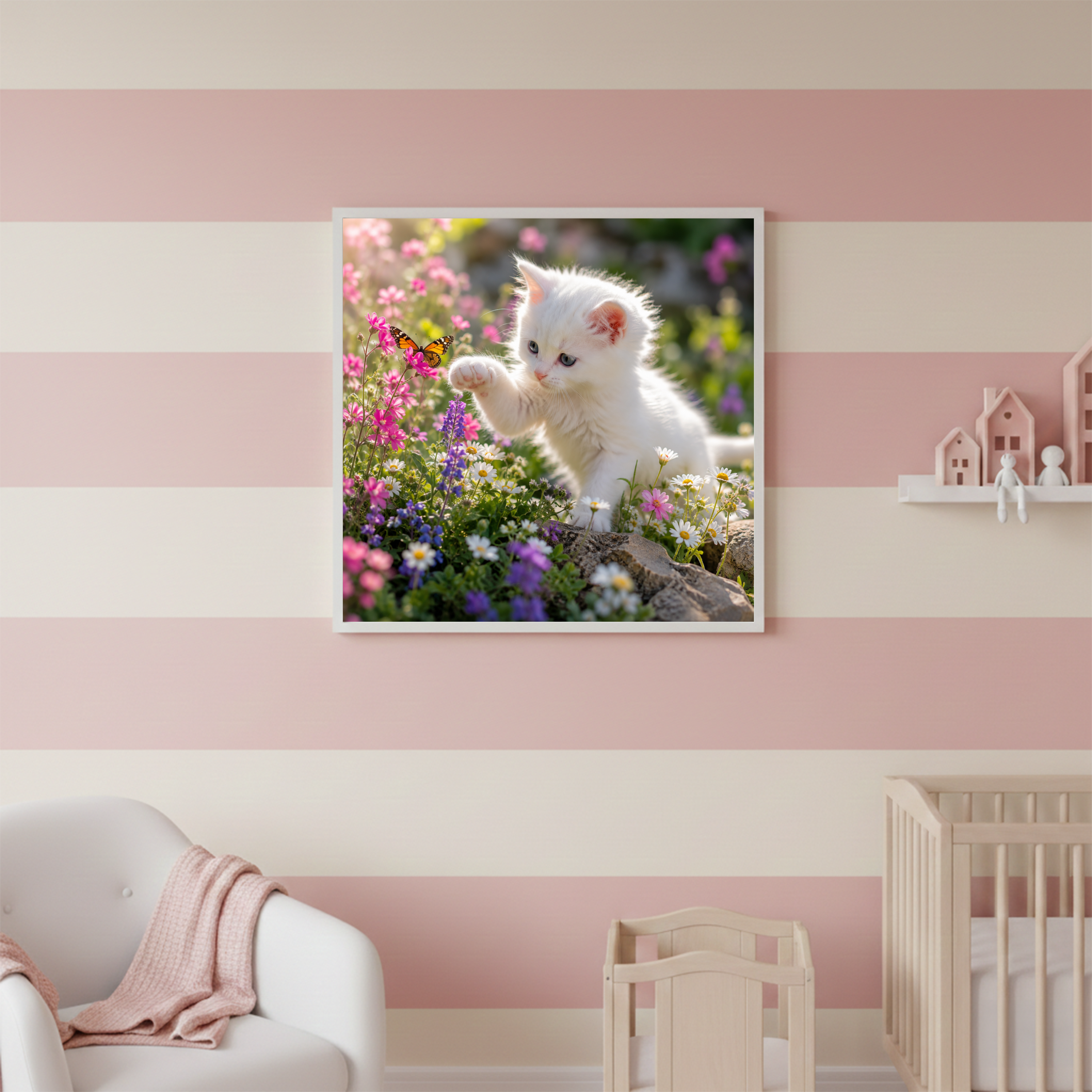 Kitten & Butterfly in the Garden – Cute Animal Digital Art Print