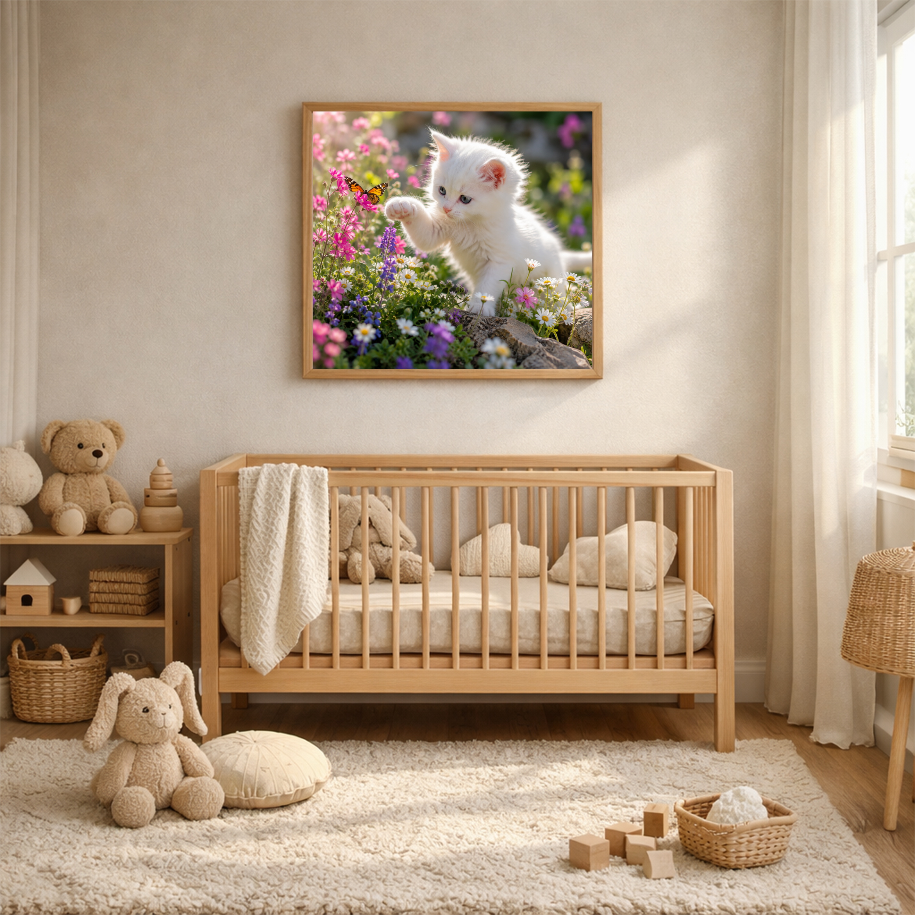Kitten & Butterfly in the Garden – Cute Animal Digital Art Print