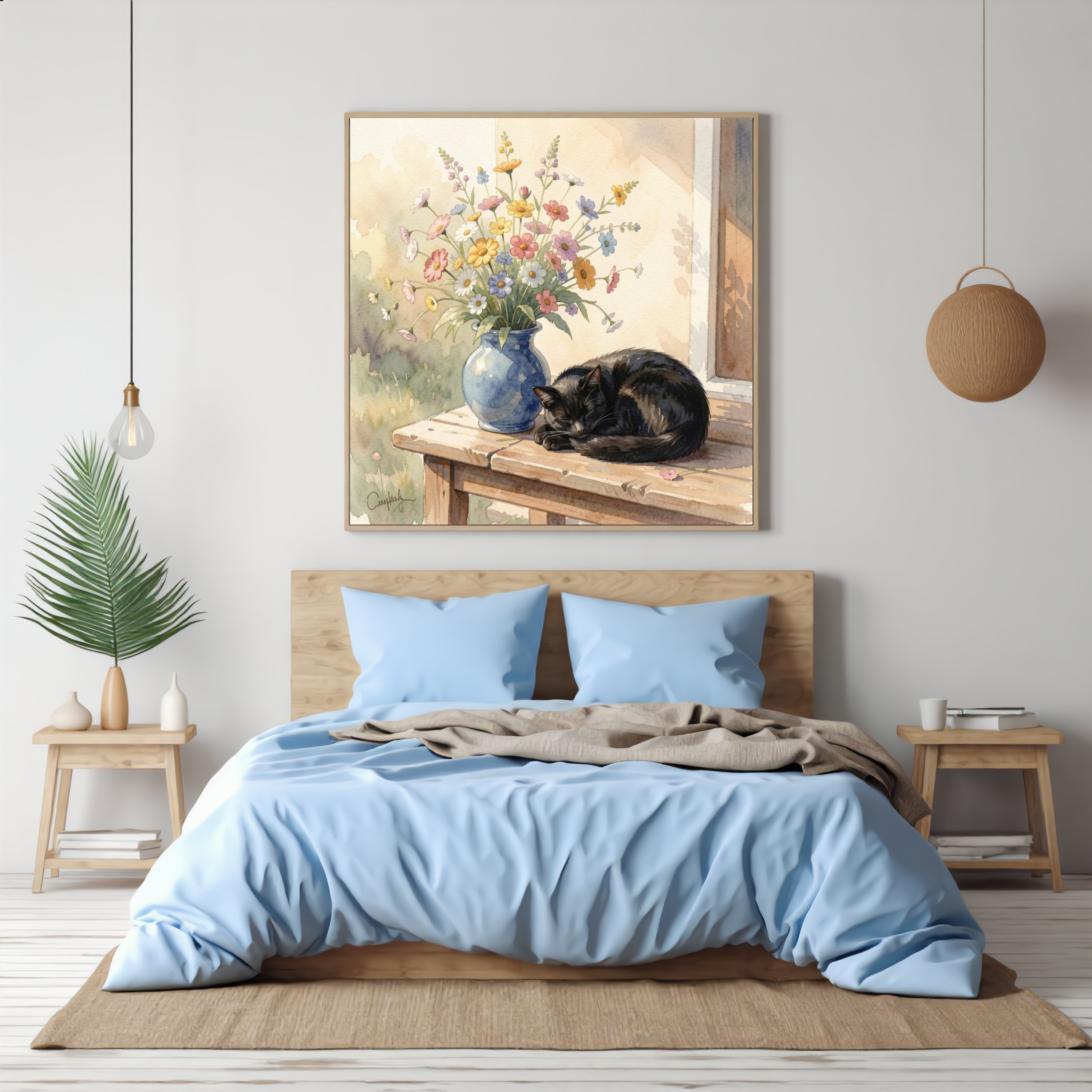 Black Cat & Wildflowers – Watercolour Art Print