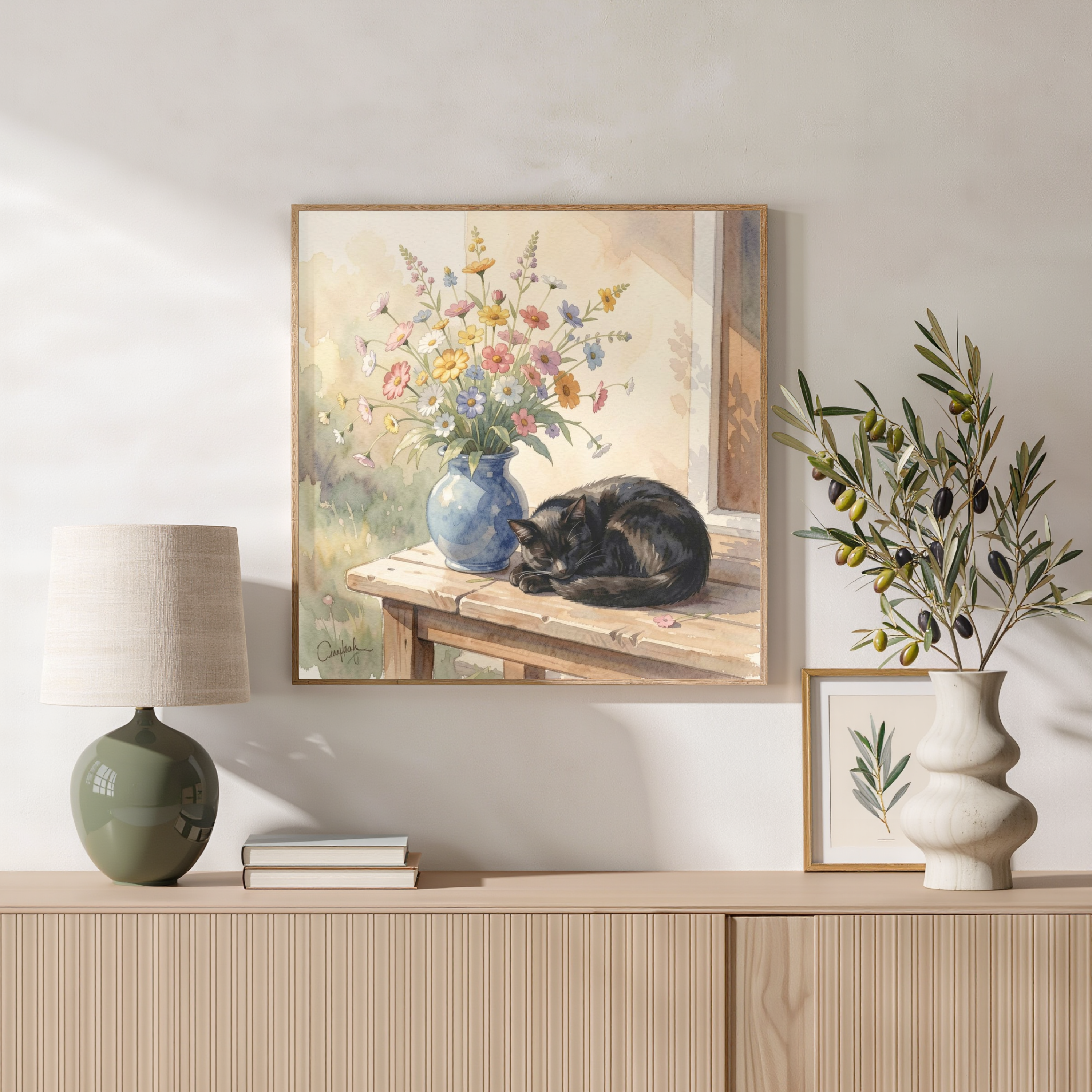 Black Cat & Wildflowers – Watercolour Art Print