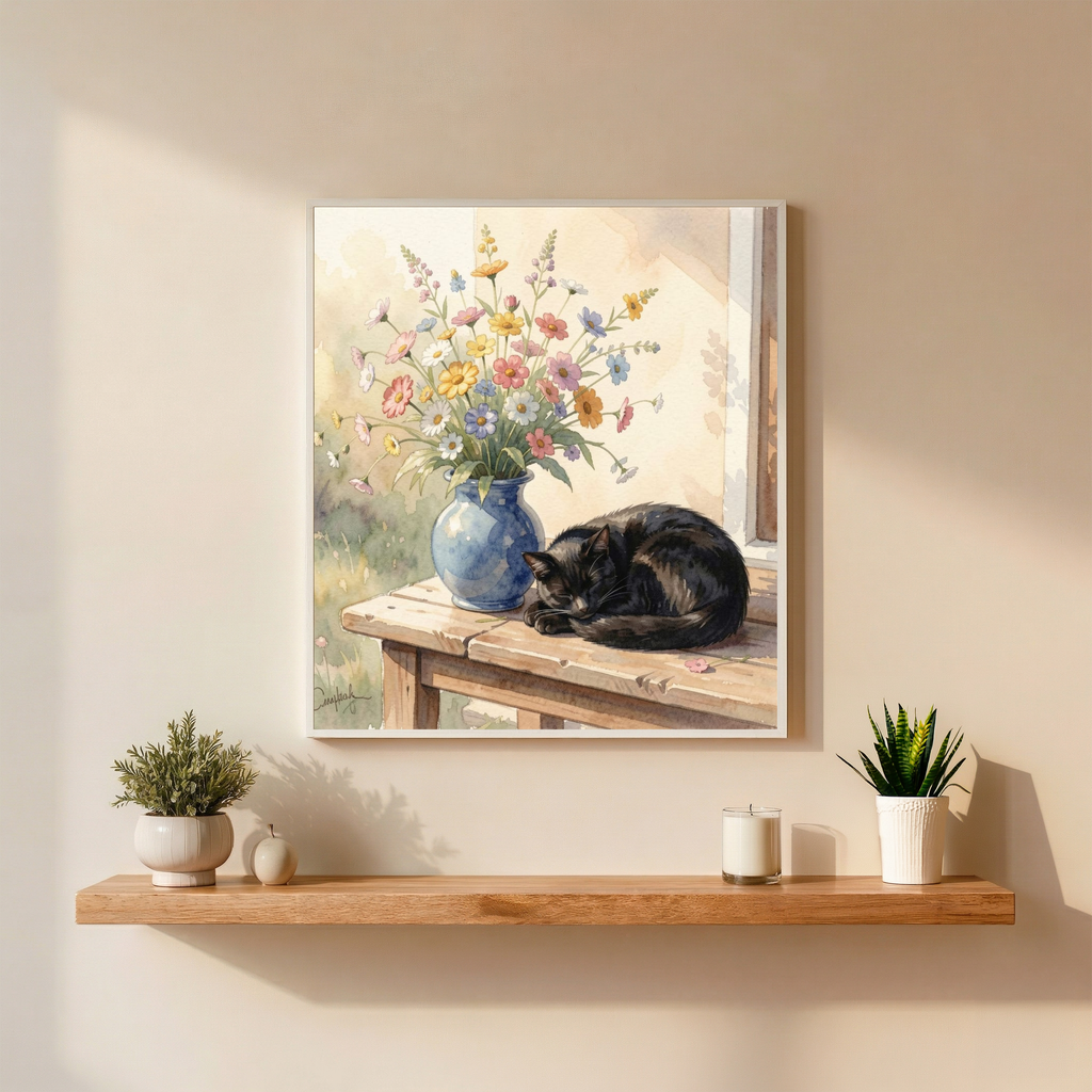Black Cat & Wildflowers – Watercolour Art Print