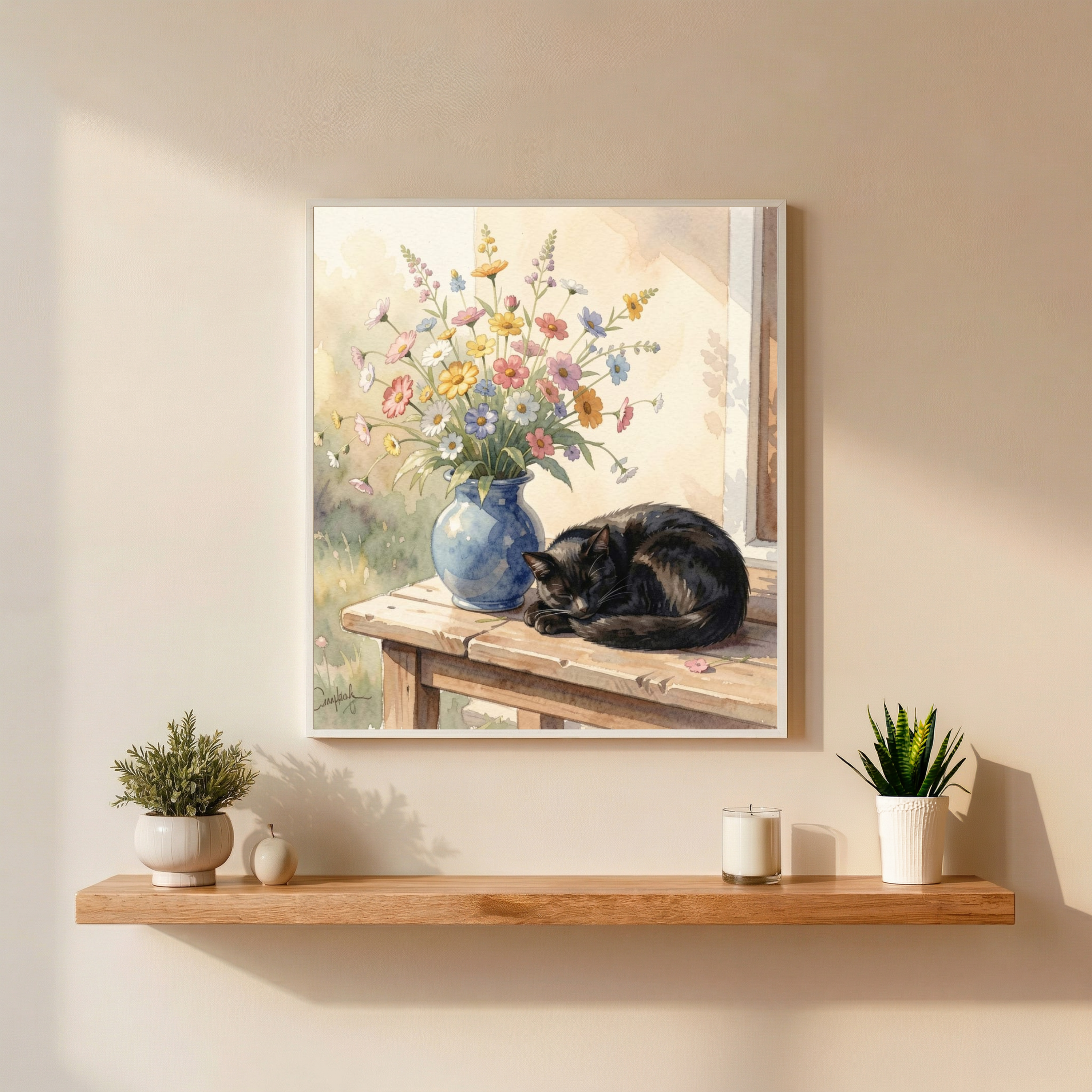 Black Cat & Wildflowers – Watercolour Art Print