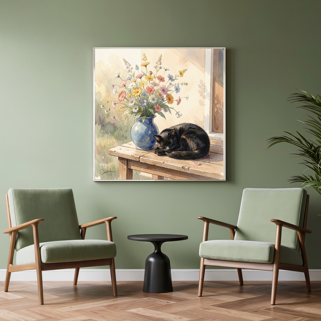 Black Cat & Wildflowers – Watercolour Art Print