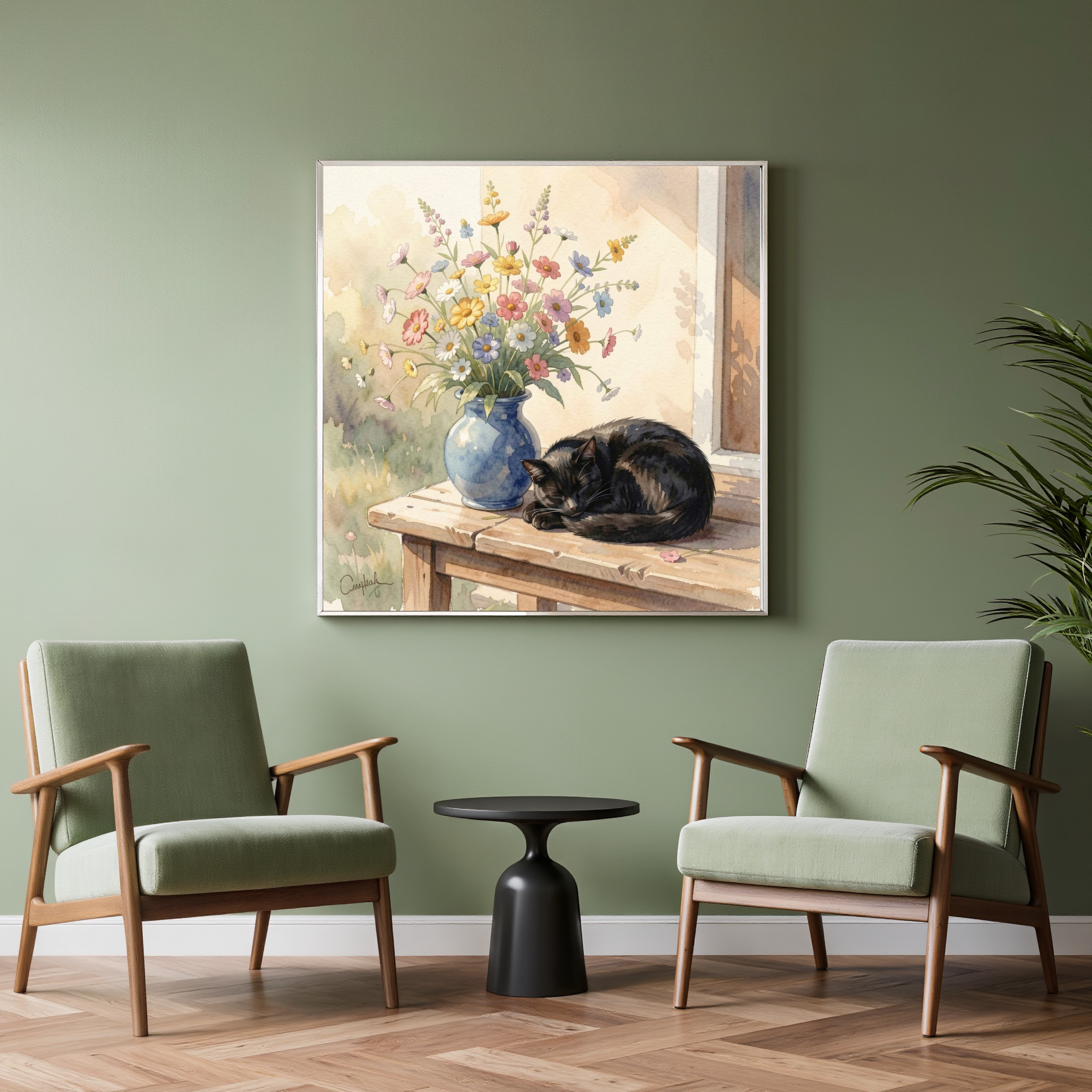 Black Cat & Wildflowers – Watercolour Art Print