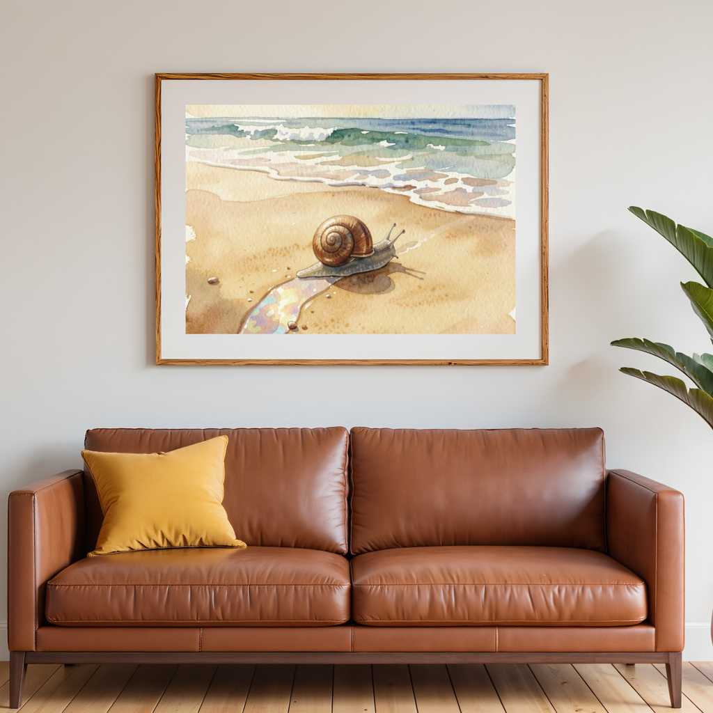 Snail’s Pace on the Sand – Coastal Watercolour Art Print