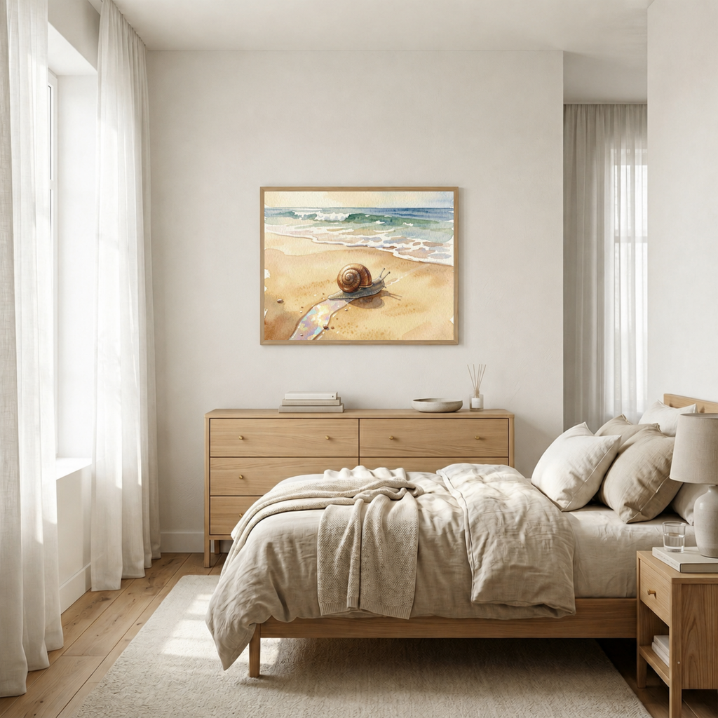 Snail’s Pace on the Sand – Coastal Watercolour Art Print