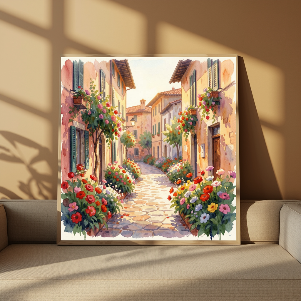 Cobblestone Village in Bloom – Watercolour Art Print