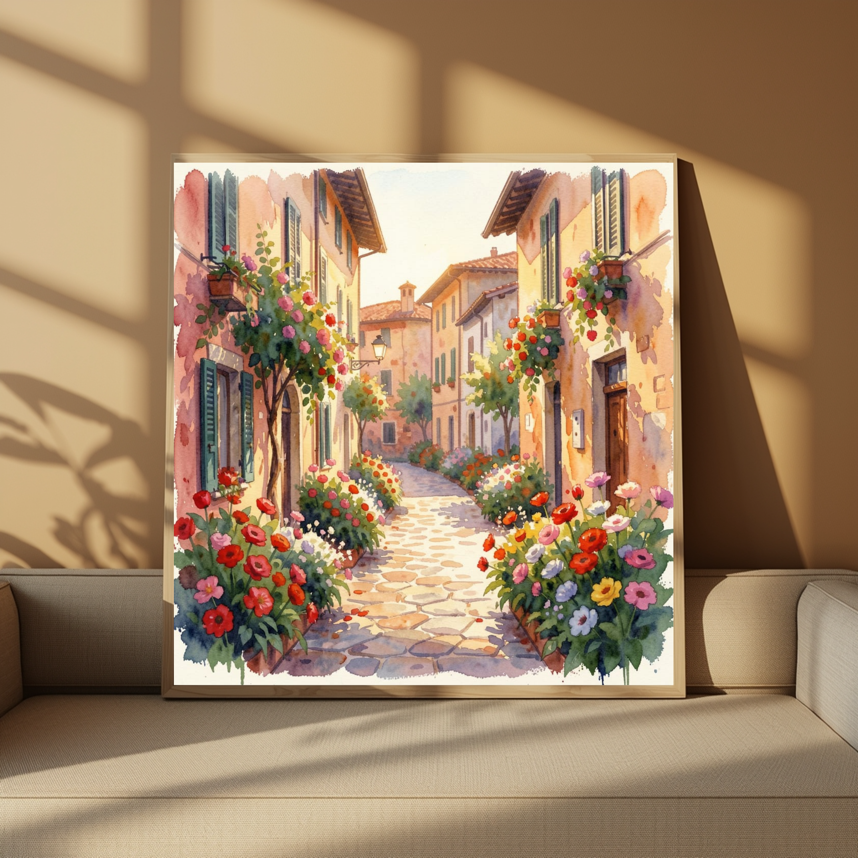 Cobblestone Village in Bloom – Watercolour Art Print